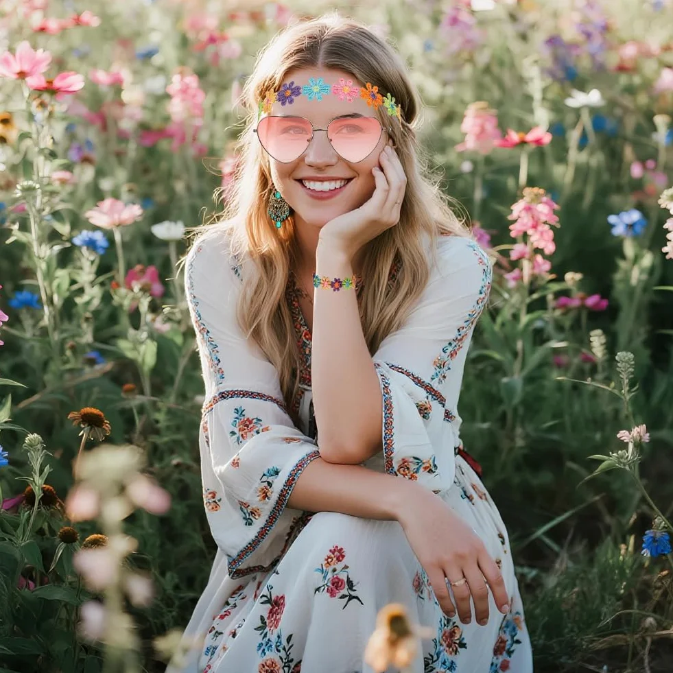5 sztuk akcesoria hippy kobiety, boho 70 akcesoria dla kobiet dziewcząt z okularami przeciwsłonecznymi różowa stokrotka stokrotka kolczyki naszyjnik hippie bransoletka retro 60s i 70s zestaw mody