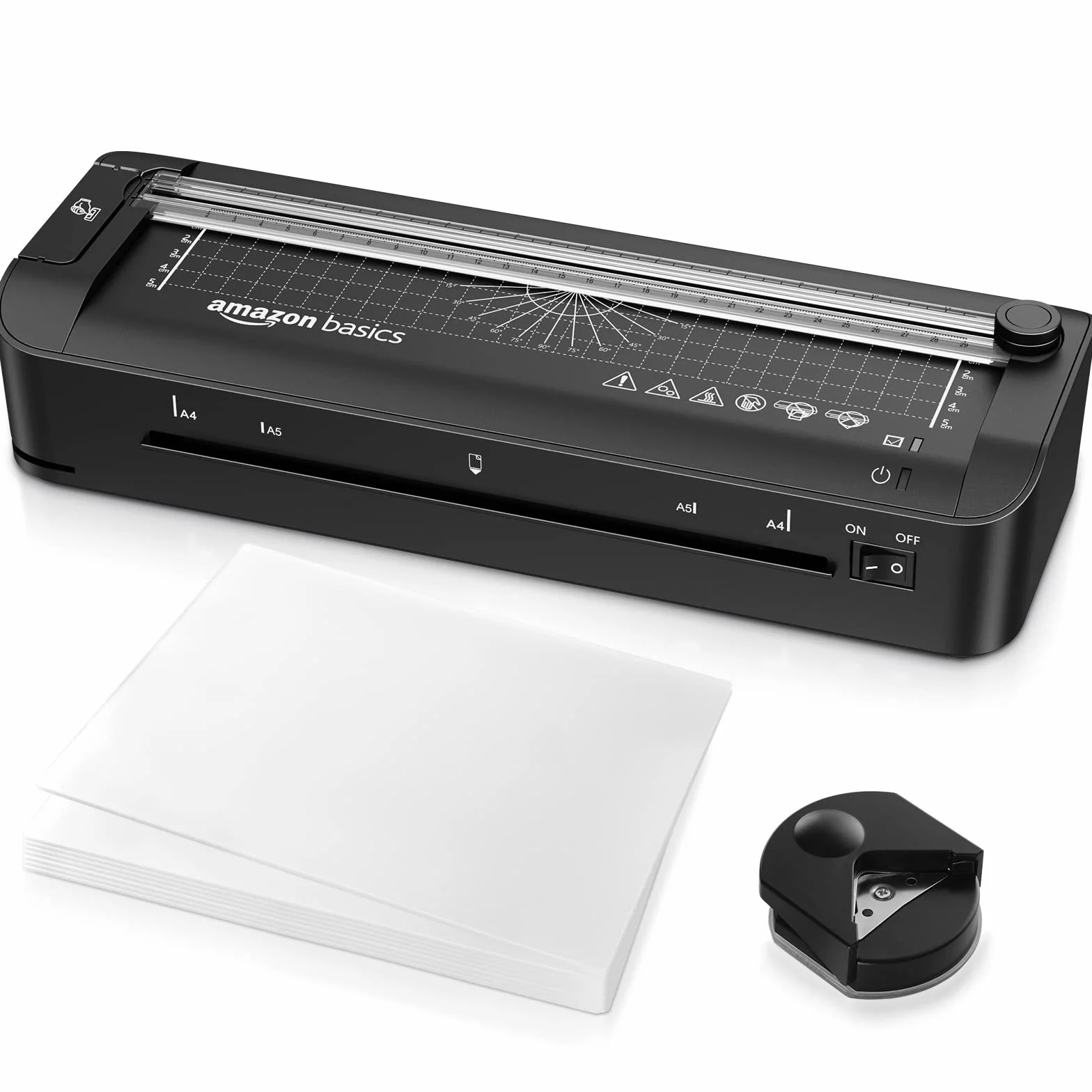 Amazon Basics Laminator termiczny 3 w 1 do formatu A4 z funkcjami cięcia, dziurkowania i zaokrąglania narożników, zawiera 10 koszulek, wtyczkę EU, czarny