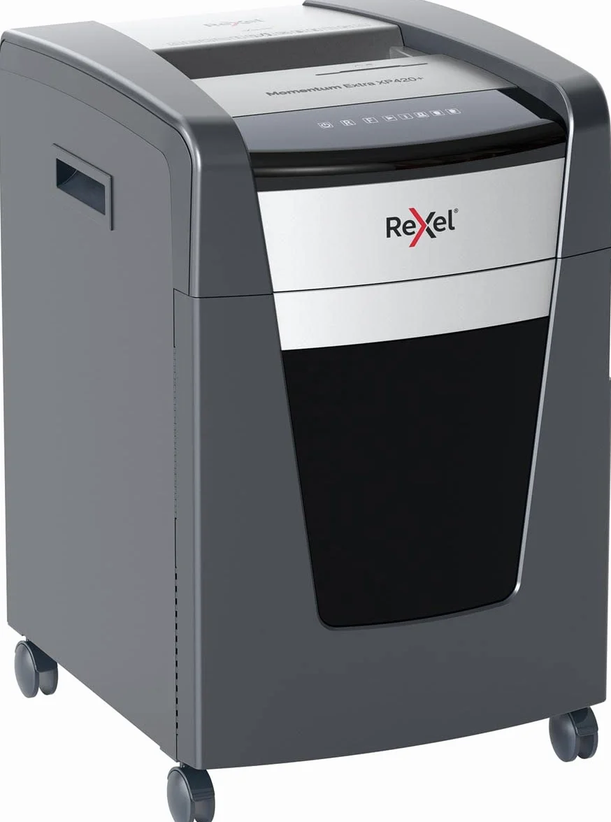 Rexel, Niszczarka do Papieru Rexel Momentum Extra XP420+, do Biura, Tnie na Konfetti do 21 kartek (80 gsm), Poziom Bezpieczeństwa P-4, Pojemnik na Ścinki: 60L, Technologia Zapobiegania Zacięciom