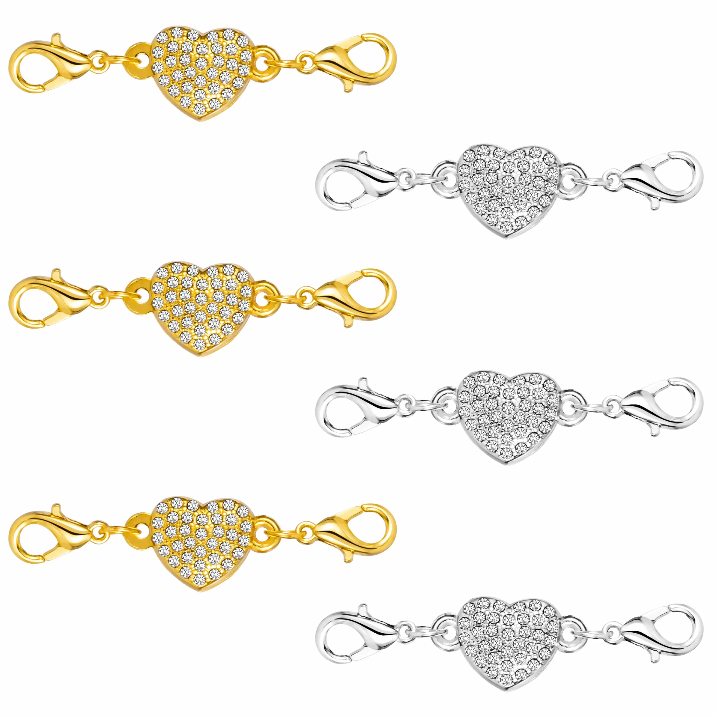 Magnetyczne zapięcia do biżuterii w kształcie serca, magnetyczne zapięcia na karabińczyk, samonastawne zapięcia do biżuterii, naszyjników, bransoletek, 6 sztuk (srebrne i złote)