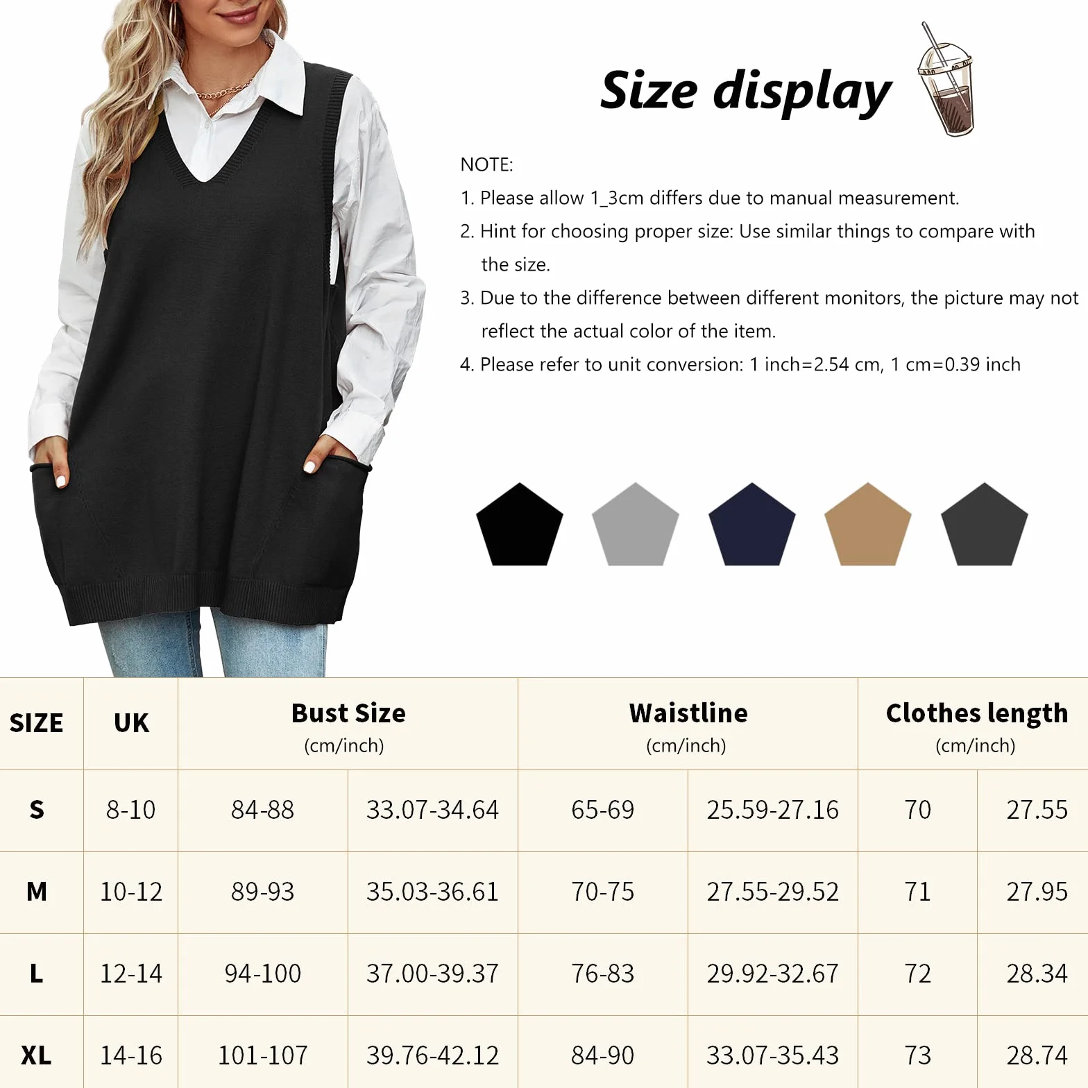Xnova Damski sweter oversize, dekolt w serek, dzianinowa kamizelka, sweter bez rękawów, długi sweter z dzianiny, na czas wolny, na jesień i zimę
