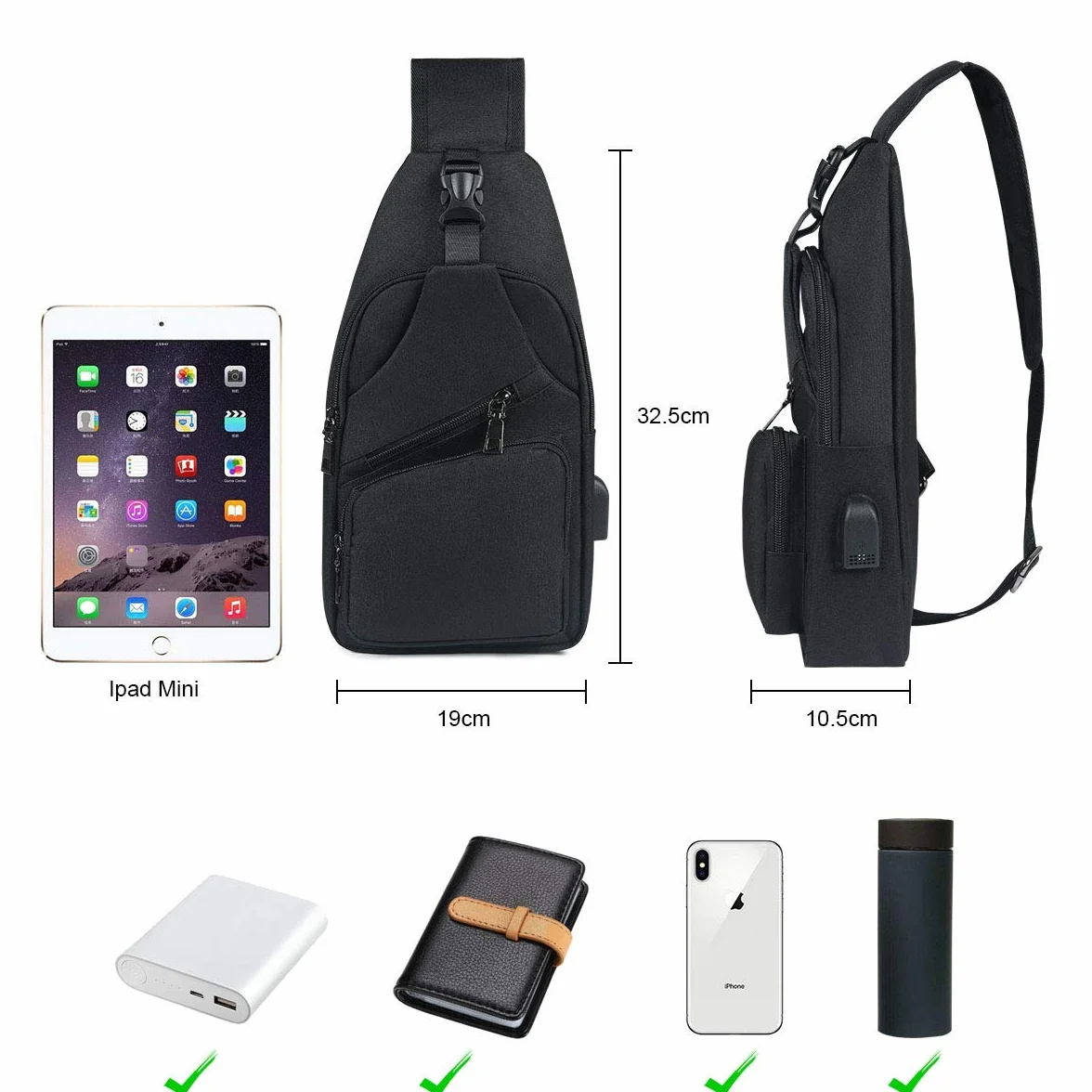 flintronic Torba na ramię, torba na klatkę piersiową z portem ładowania USB, dla mężczyzn i kobiet, lekka torba crossbody, do wędrówek, jazdy na rowerze, podróży