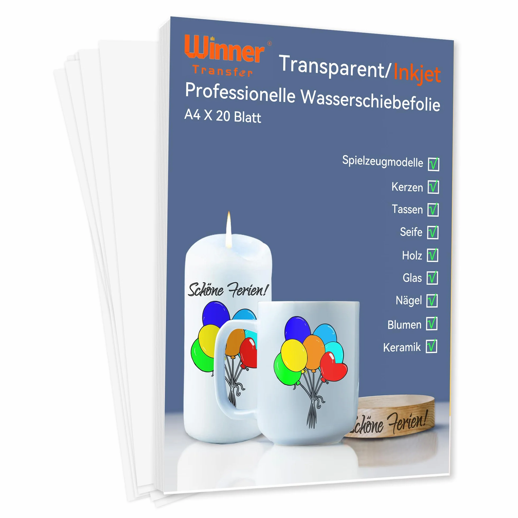 Professsionell Inkjet folia wodna (przezroczysta) do drukarki atramentowej, format A4 x 20 arkuszy, folia transferowa do modeli zabawek, kubków, ceramiki, szkła, świec (DWT-6-20)