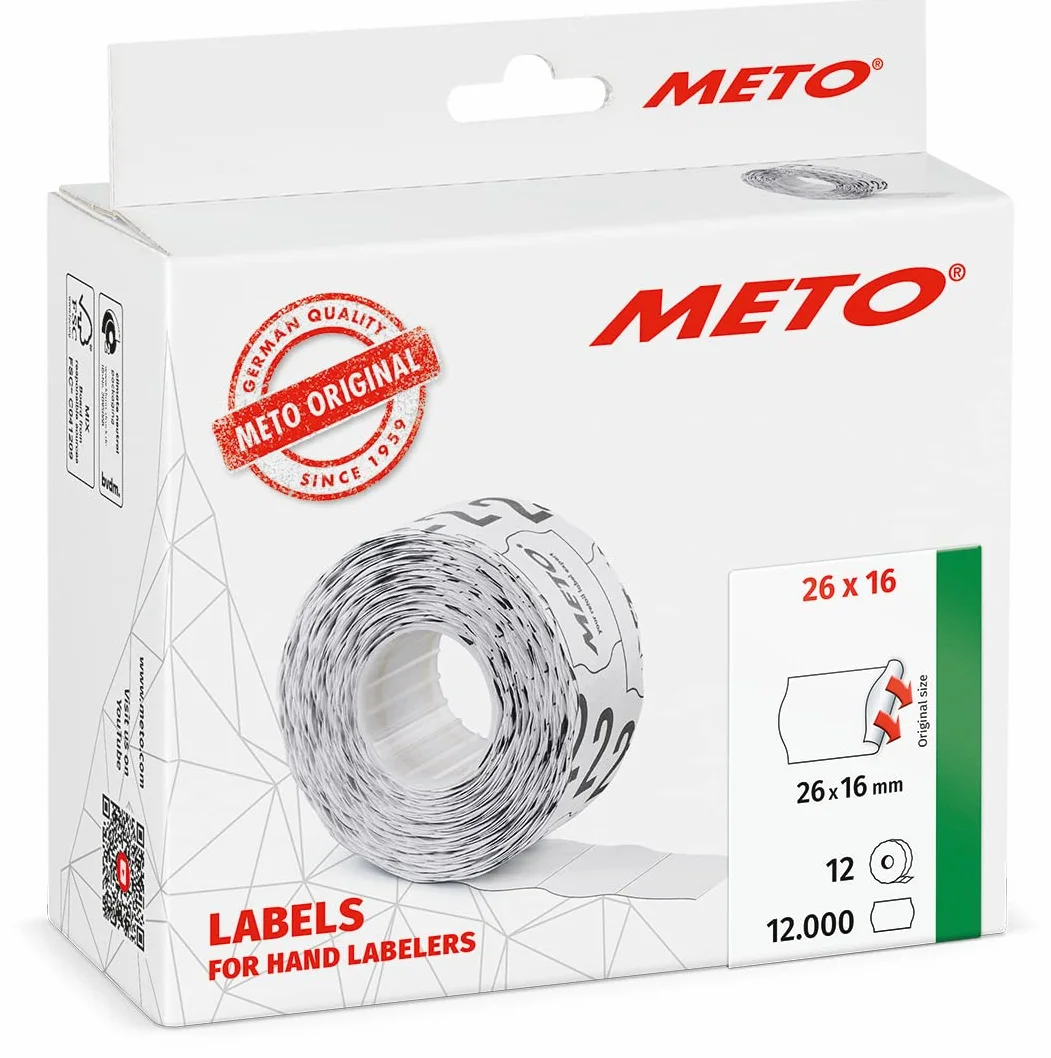 METO Etykiety do ręcznych etykietek 30007359 (26 x 16 mm, 2-wierszowe, 12 000 sztuk, stałe przylegające, do METO, Contact, Sato, Avery, Tovel, Samark itd.) 12 rolek, białe