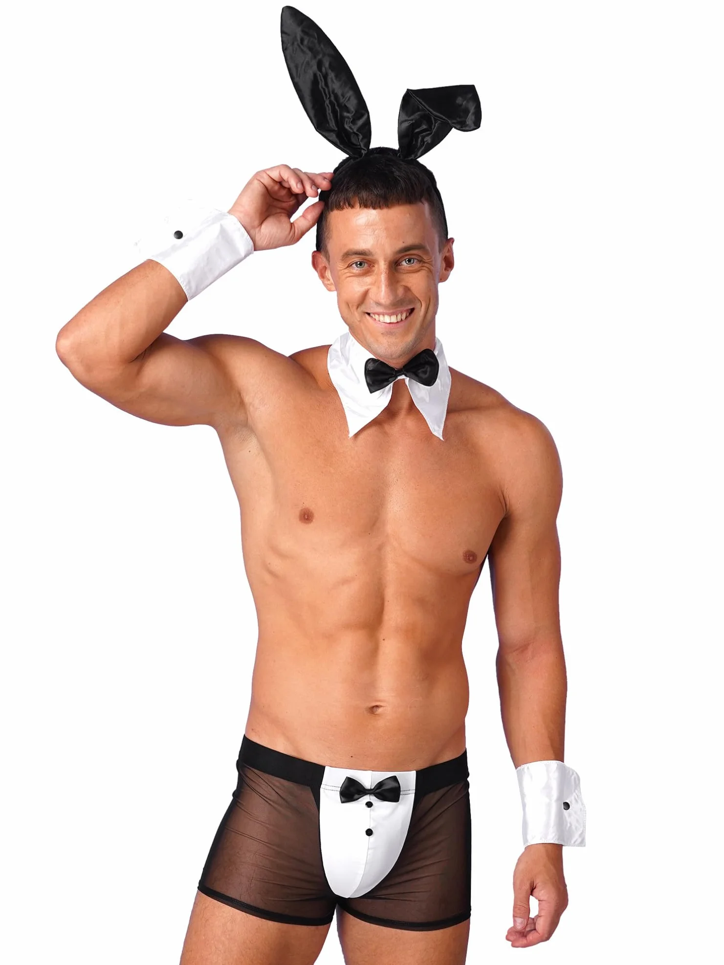 YiZYiF Męski strój kelnerski, seksowny strój z paskami, dla mężczyzn, króliczek, cosplay, bielizna erotyczna, przezroczysta, siatka, zestaw bokserek, na imprezę dla gejów, do klubu
