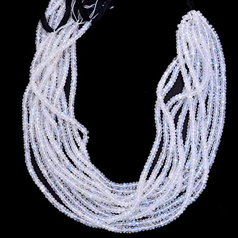 Biały tęczowy kamień księżycowy 4 mm Rondelle fasetowane perły | 30 cm | niebieski ogień AAA + tęczowy kamień księżycowy perły z kamieni półszlachetnych, ma?y, tęczowy, biały kamień