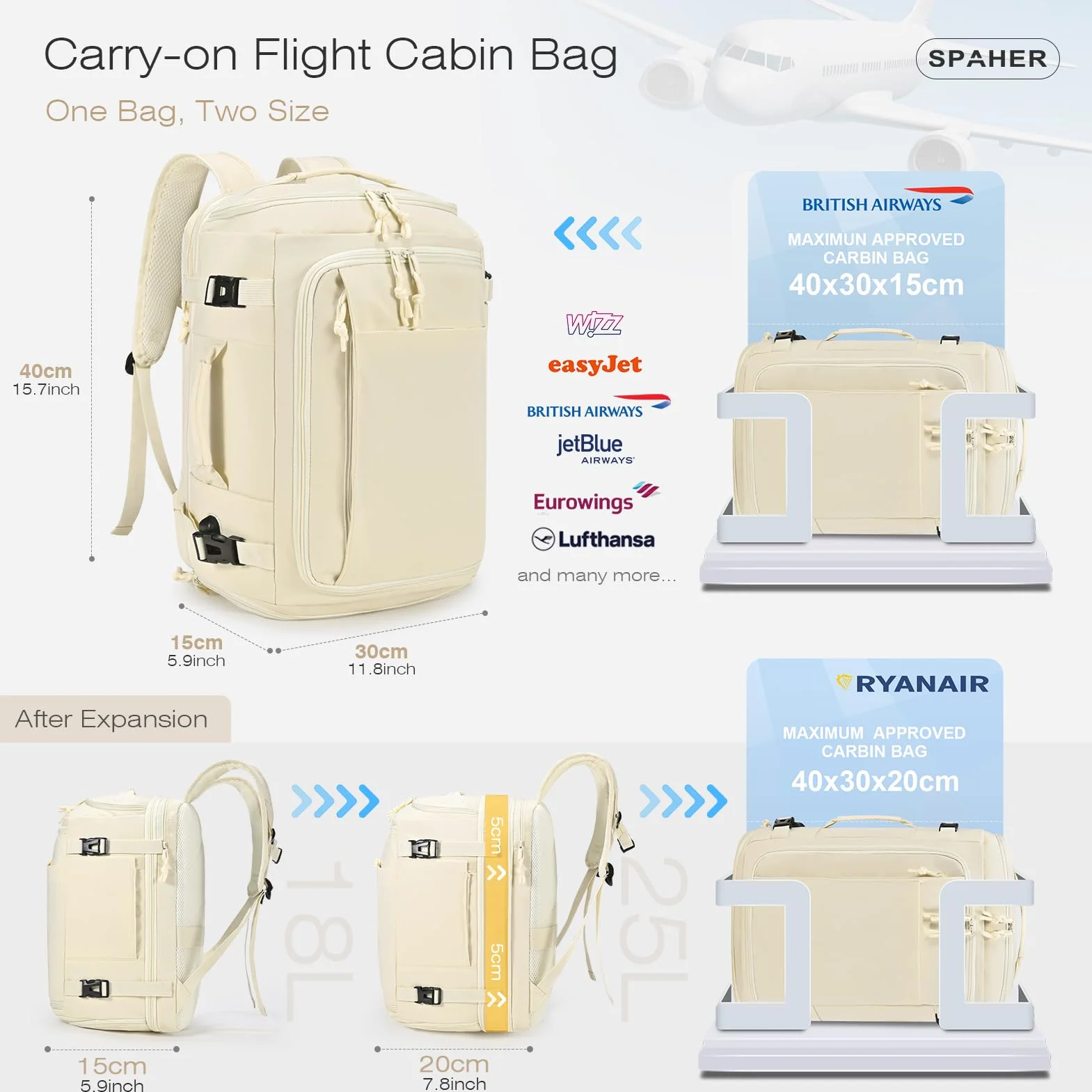 SPAHER Rozszerzalny Plecak Podróżny 40x30x15 do 40x30x20 Ryanair Wizzair Plecak na Laptopa 15,6 Calowy z Portem Łdowania USB Plecak Sportowy z Kieszenią na Buty i Mokre Rzeczy dla Kobiet i Mężczyzn