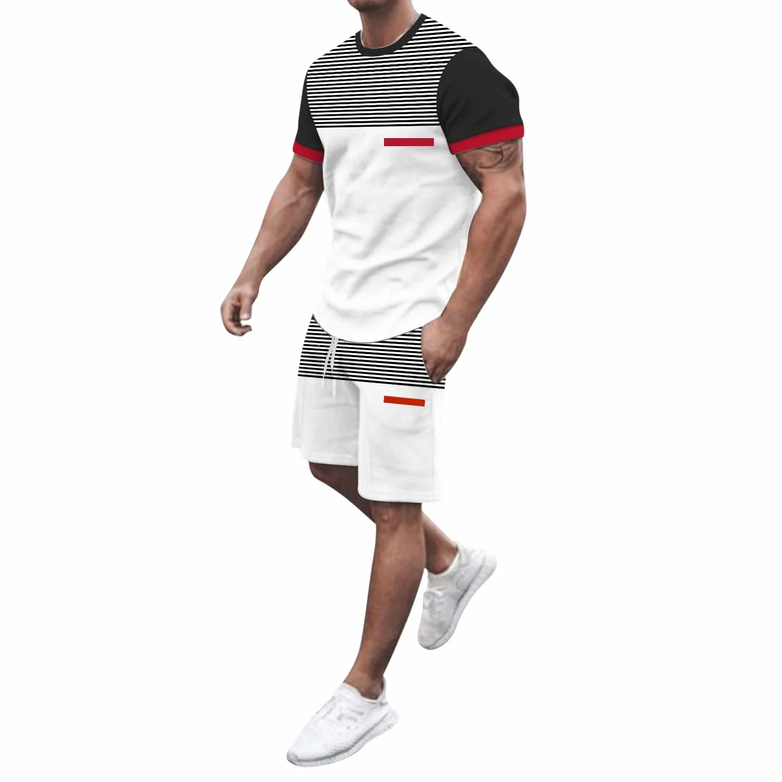 Kombinezon męski letni zestaw fitness luźne stroje sportowe na co dzień wygodne koszulka z krótkim rękawem i elastyczne spodnie do joggingu dwuczęściowy zestaw plażowy na siłownię, Kolor biały, XL