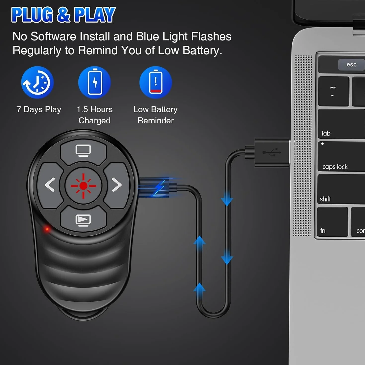 Pierścionek pilot do prezentacji z klickerem do ładowania, 2-w-1 USB Type C klicker Powerpoint pilot do prezentacji z głośnością, bezprzewodowy pilot prezentacyjny do komputera MAC, laptopa
