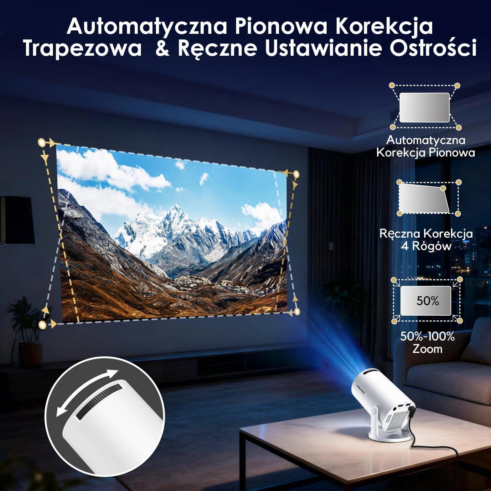 Wbudowane aplikacje i Android 11.0: przenośny projektor WOLFANG 20000 luksów 4K obsługiwany obrót o 180° i automatyczny keystone, kompatybilny z TV Stick/Windows/iOS/Android/HDMI/USB (1080P)