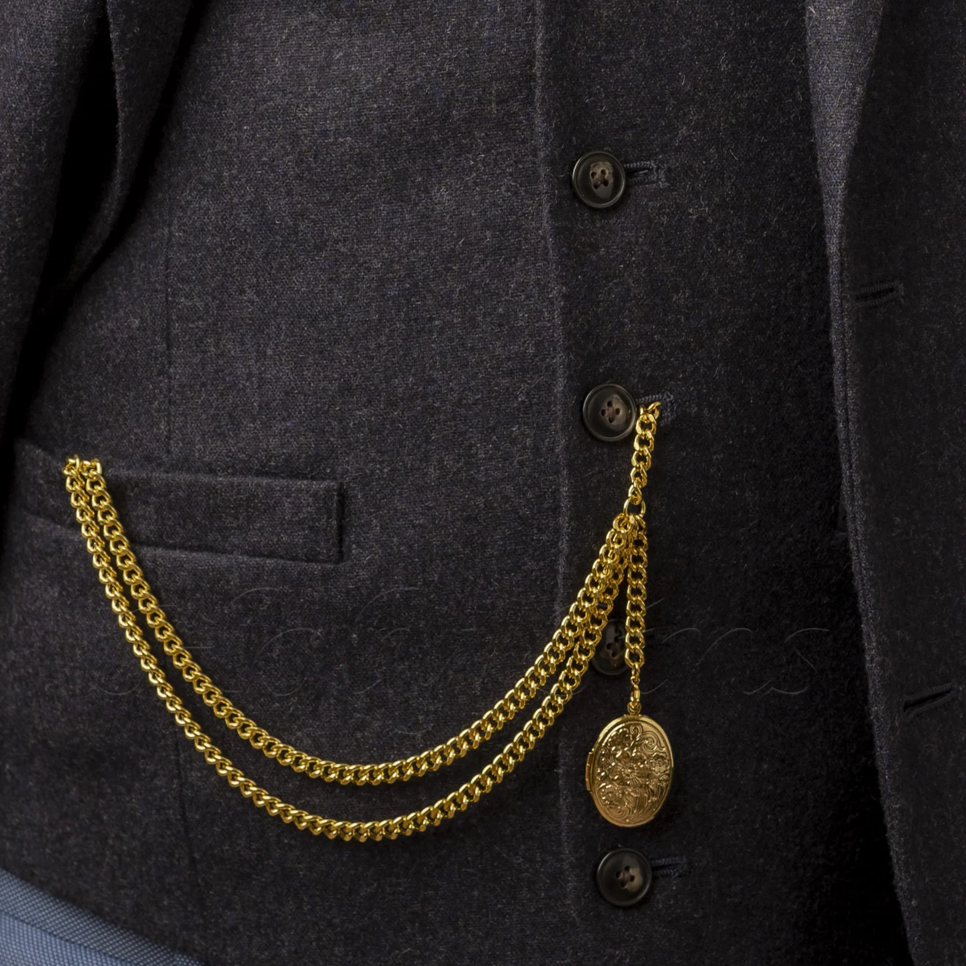 Pocket Watch Chain Złoty łańcuszek do zegarka kieszonkowego z medalionem – styl wiktoriański – podwójny łańcuch typu Albert z zawieszką – 12 cali (30 cm)