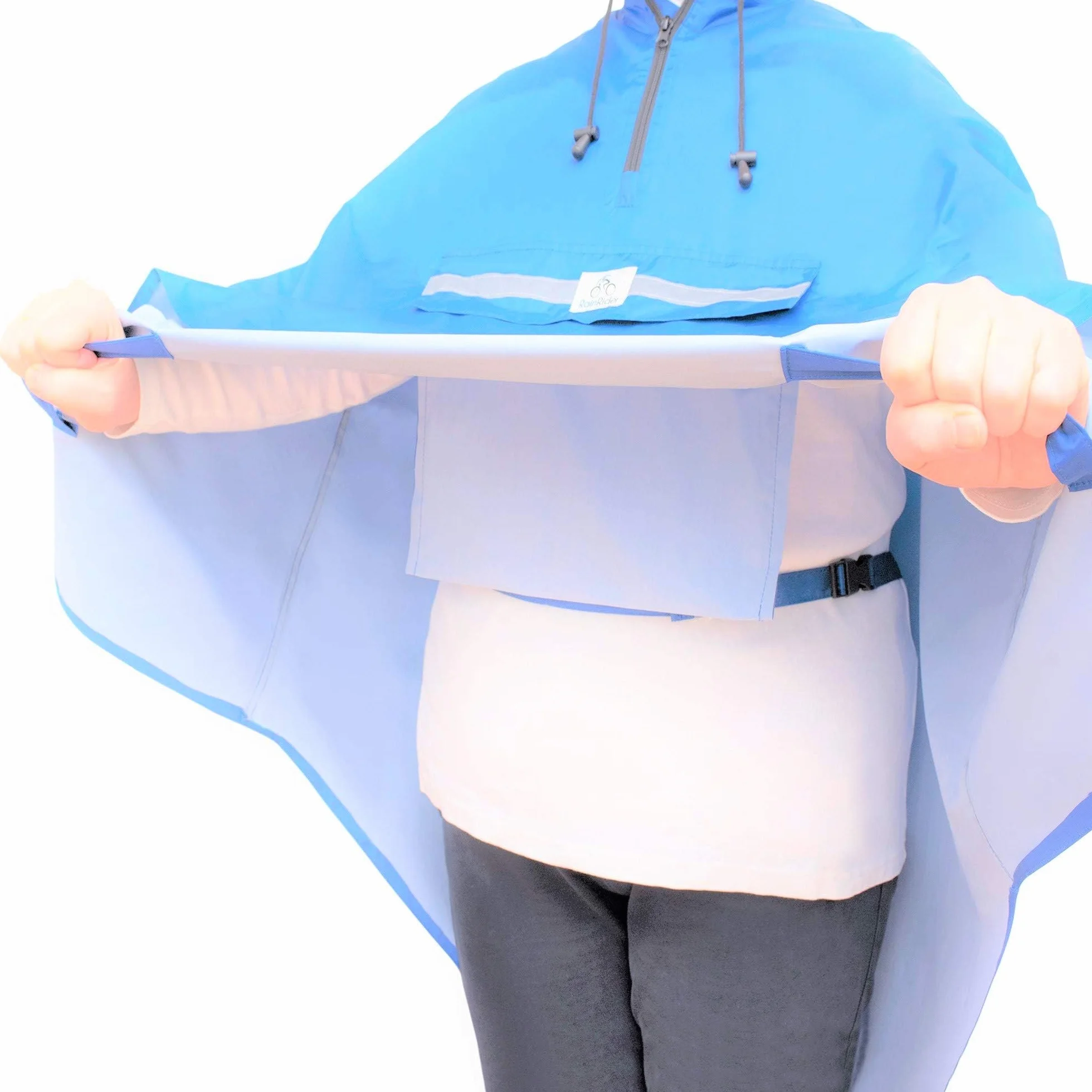 RainRider Ponczo przeciwdeszczowe (horyzont niebieskie) ponczo przeciwdeszczowe na rower, odzież przeciwdeszczowa z kapturem w zestawie z okienkiem, peleryna przeciwdeszczowa rower z paskami
