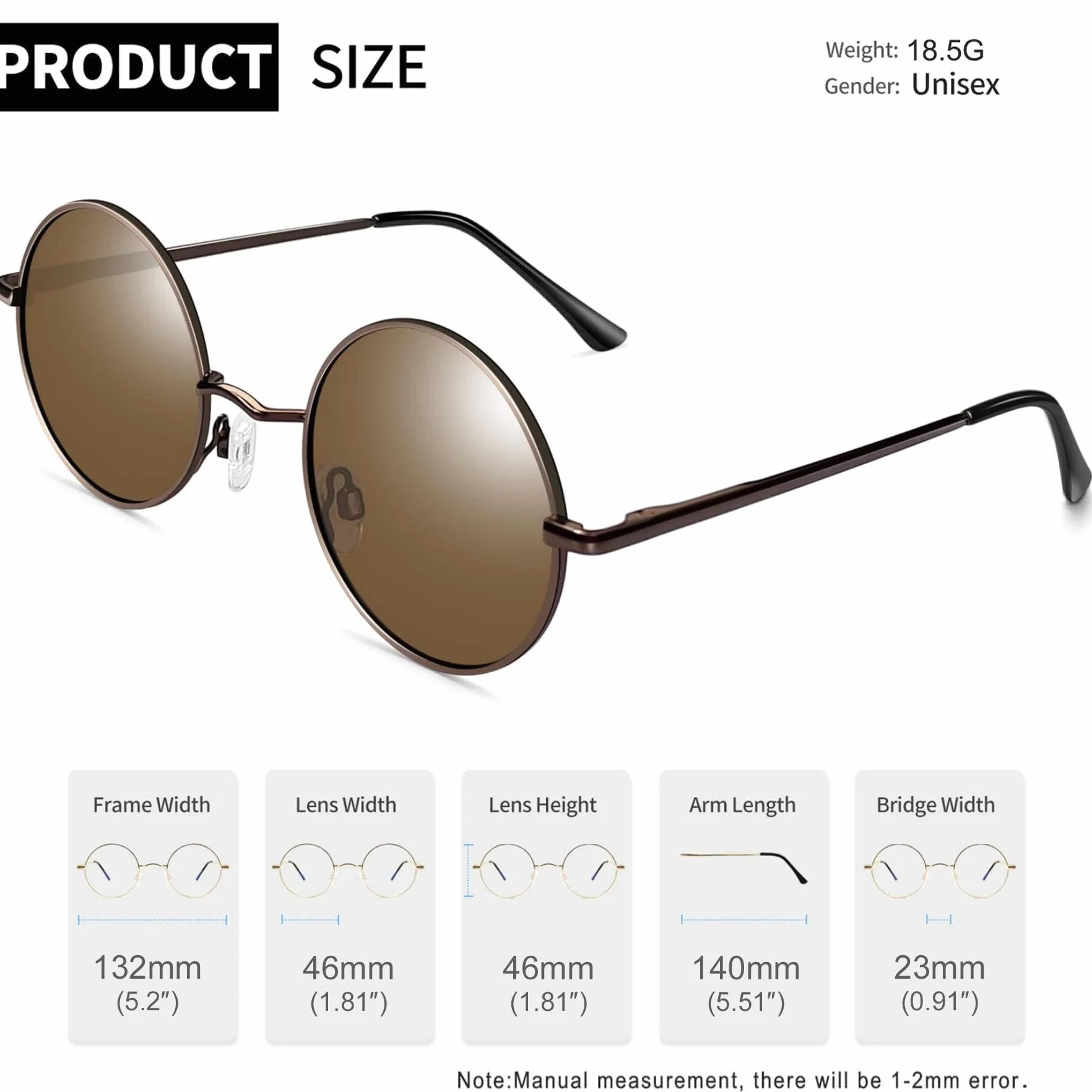 Joopin Vintage Lennon Okrągłe Okulary Przeciwsłoneczne Damskie - Spolaryzowane Okulary Przeciwsłoneczne UV400 Ochronne z Metalową Ramką Retro Circle Dla Mężczyzn i Kobiet