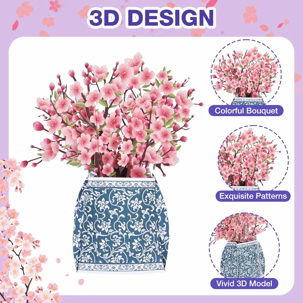 Kartka pop-up z kwiatami, 3D kartka urodzinowa z wiśniowymi kwiatami z kopertą dla mamy, 3D kartka z okazji urodzin dla kobiet, rocznica, podziękowanie, życzenia powrotu do zdrowia, prezenty dla