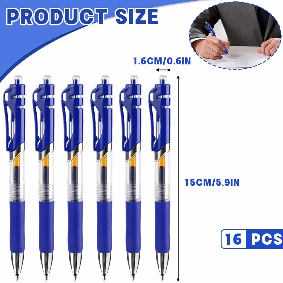 OFFCUP Niebieskie długopisy żelowe, 0,5 mm, 16 sztuk, wysuwane, szybkoschnące, ergonomiczne długopisy żelowe, duża obudowa, antypoślizgowy uchwyt