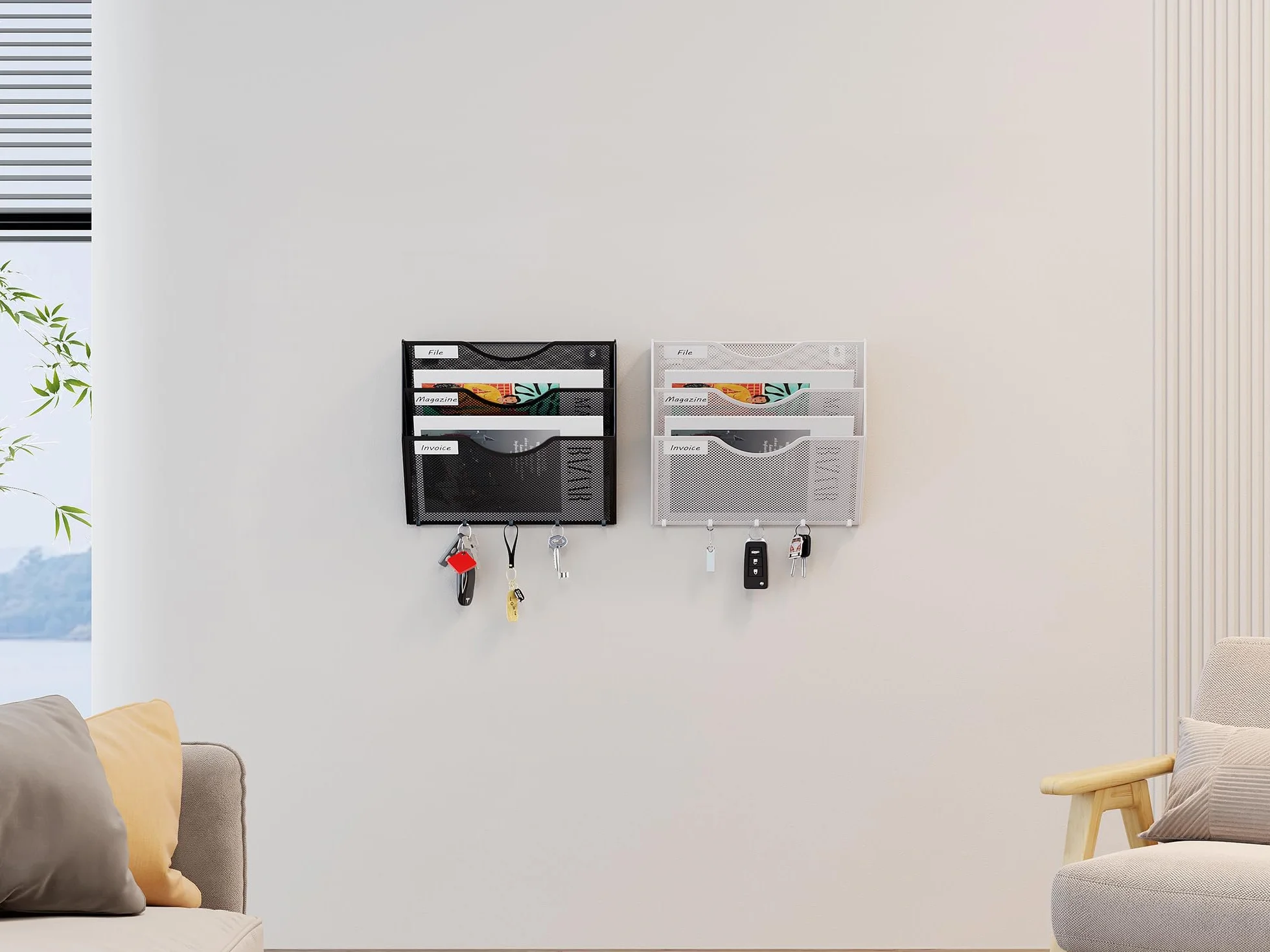 EasyPAG Uchwyt Ścienny na Dokumenty A4 3 Przedziały Metal Siatka,Ścienny Stojak na Pocztę,Wiszący Organizer na Dokumenty,Przechowywanie Czasopism z 5 Haczyki do Biura & Domu,Czarny