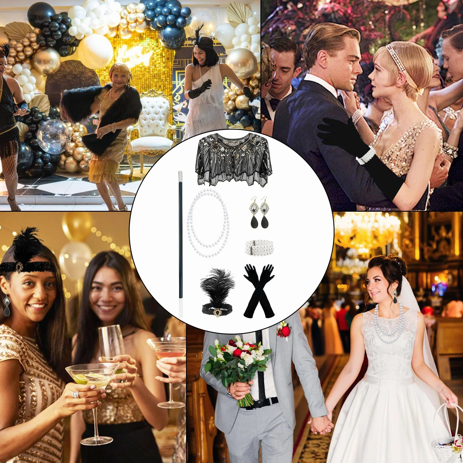 Akcesoria z lat 20-tych kobiet Gatsby, 7 szt. Zestaw akcesoriów 1920s, Great Gatsby Rekwizyt Charleston, kostium na lata 20-te damskie na imprezy tematyczne Halloween karnawał