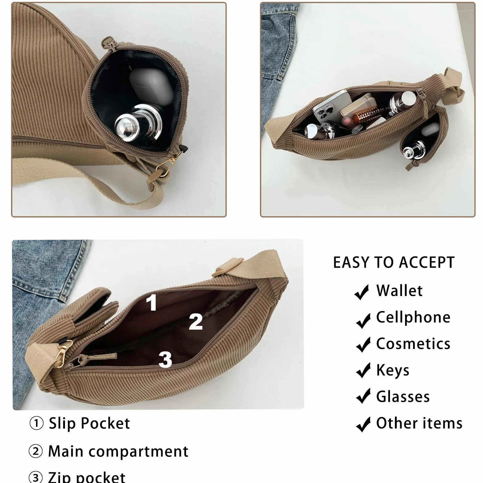 Moon Bag Cord torba na ramię damska mała – mała torebka damska Crossbody Bag Cord, torba na ramię z regulowanym paskiem, stylowy zestaw toreb na brzuch