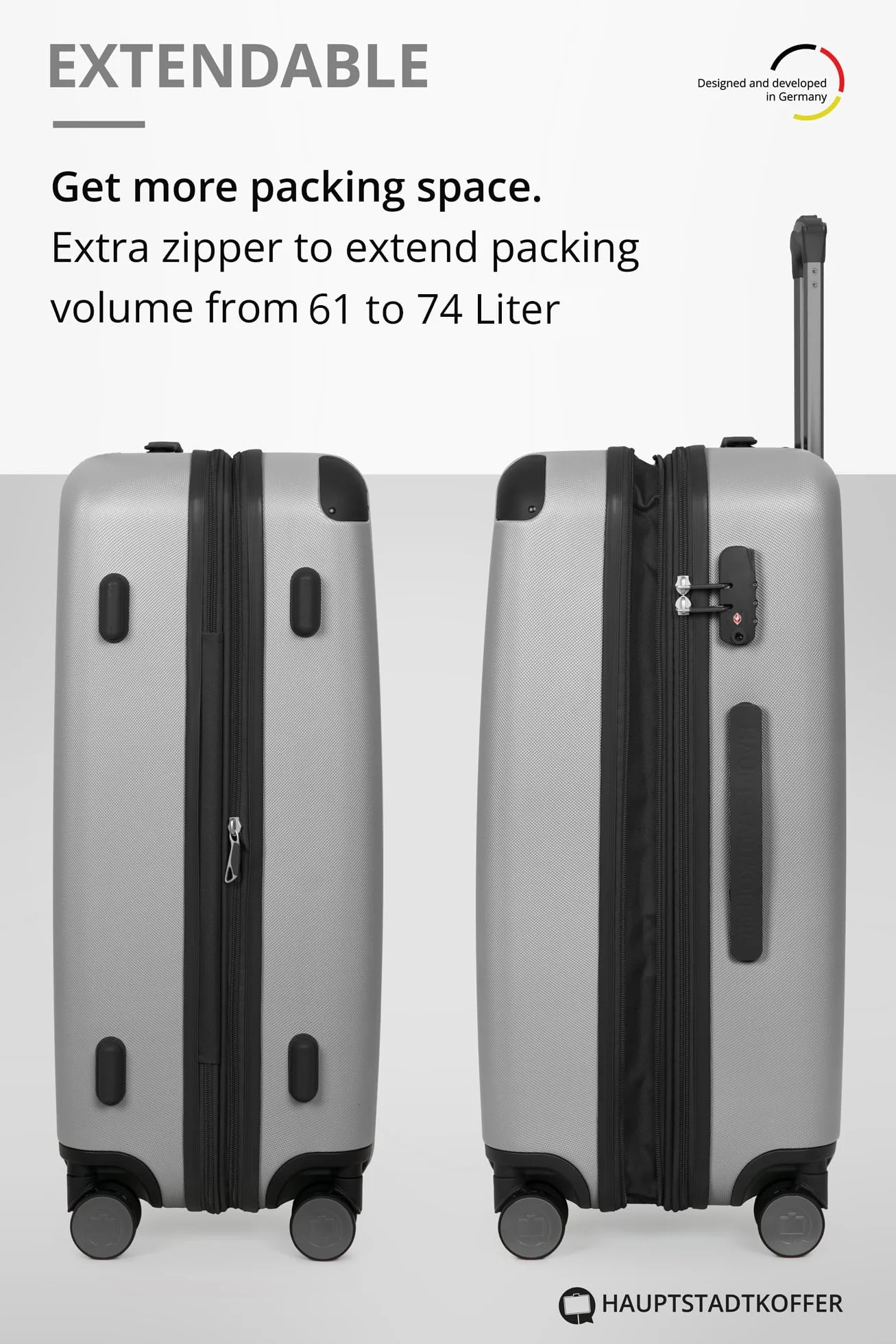 Hauptstadtkoffer Spree - średnia walizka twarda, TSA, 4 kółka, walizka, trolley, walizka na kółkach, walizka podróżna, poszerzana, 65 cm, 74 l, srebrny