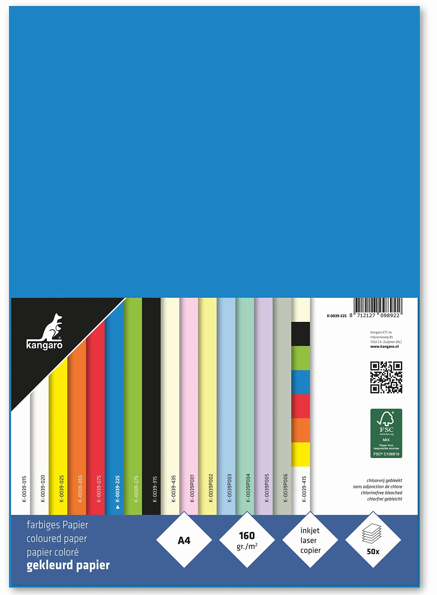 kangaro - Papier kolorowy niebieski DIN A4-160 g/m² FSC mix – 50 sztuk – papier listowy DIY, K-0039-225, 29,7 x 21 x 1