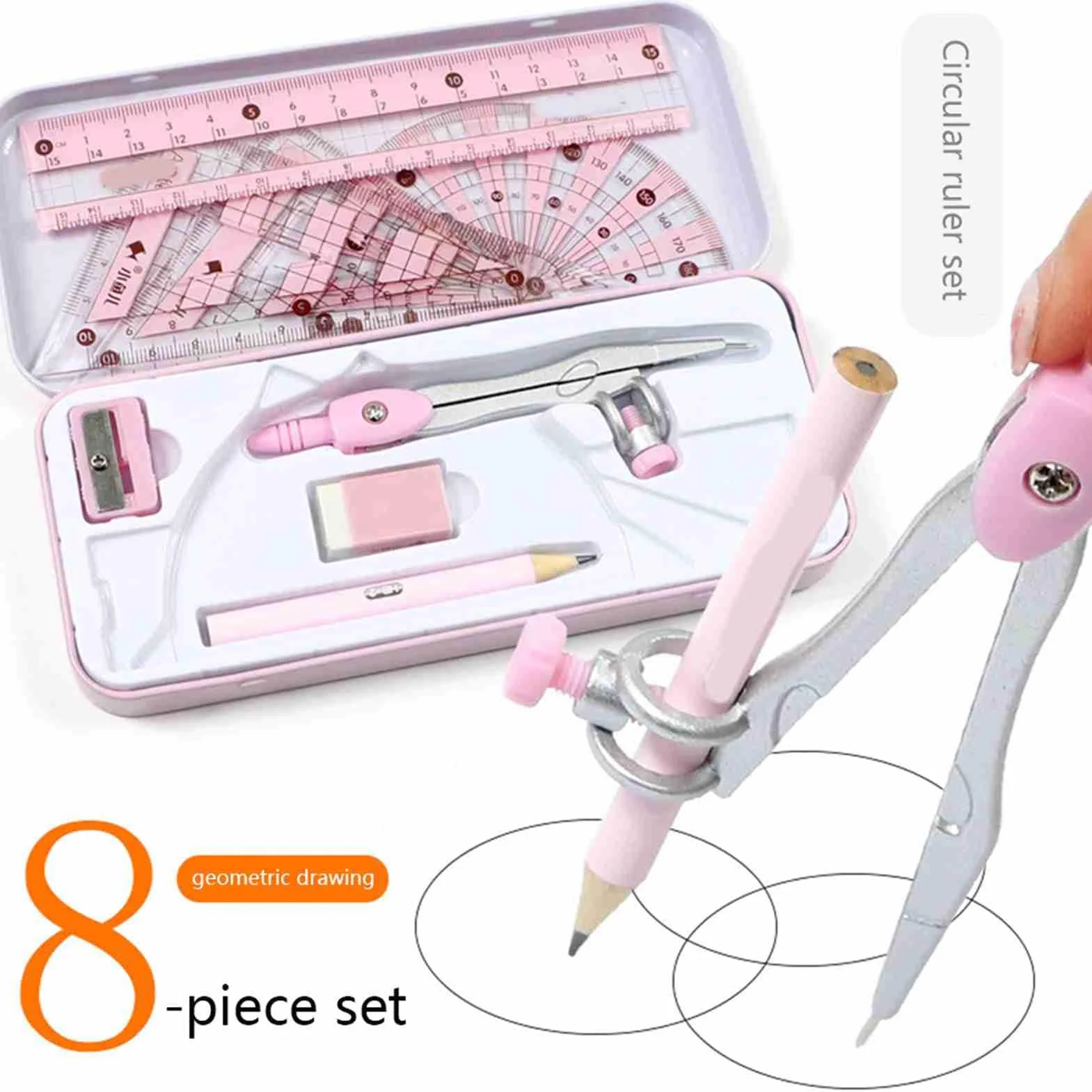 8-częściowy Zestaw Geometrii Matematycznej Materiały Szkolne z Linijkami Kątomierz Kompas Gumka Temperówka do Szkolnego Biura Praca w Domu (PINK)