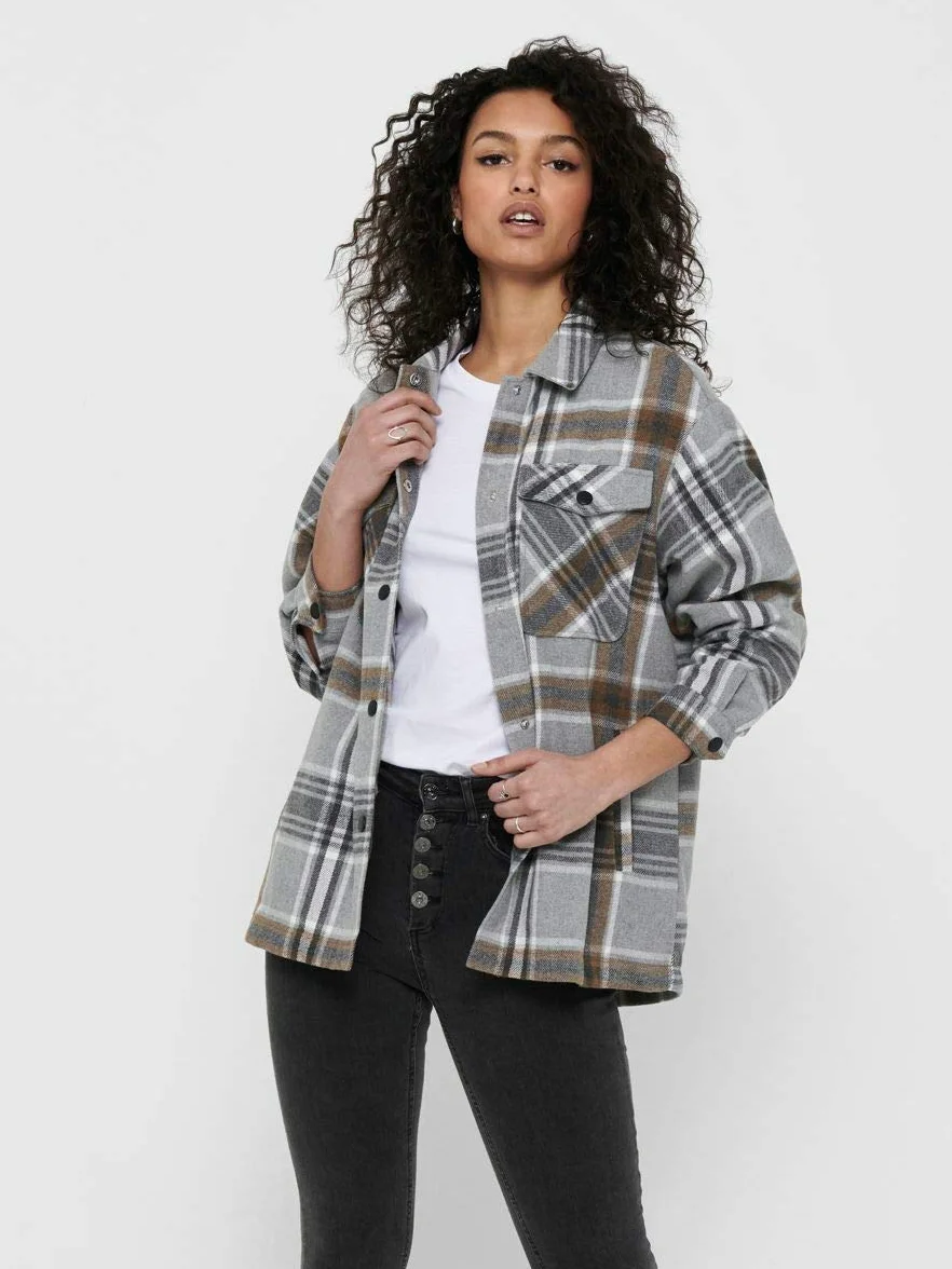 ONLY Onlellene-Valda Check Shacket PNT damska kurtka koszulowa, Chipmunk/Checks:check, 36