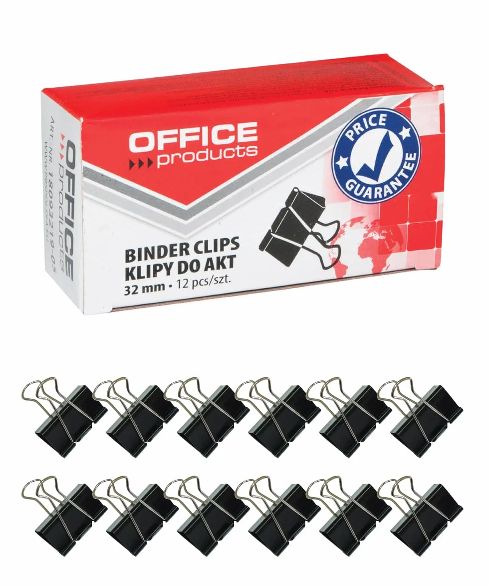 Klipy do Dokumentów OFFICE PRODUCTS 32mm 12szt Czarne/Drobne Akcesoria Biurowe/Typ-do Akt/Rodzaj-Standard/Materiał-Metal/Kolor-Czarny/Rozmiar-32mm