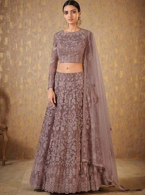 Indyjski tradycyjny deginer damska siatka haftowana częściowo szyta Lehenga Choli (Coffee_) na imprezę i sukienkę ślubną, Kawa, Rozmiar uniwersalny
