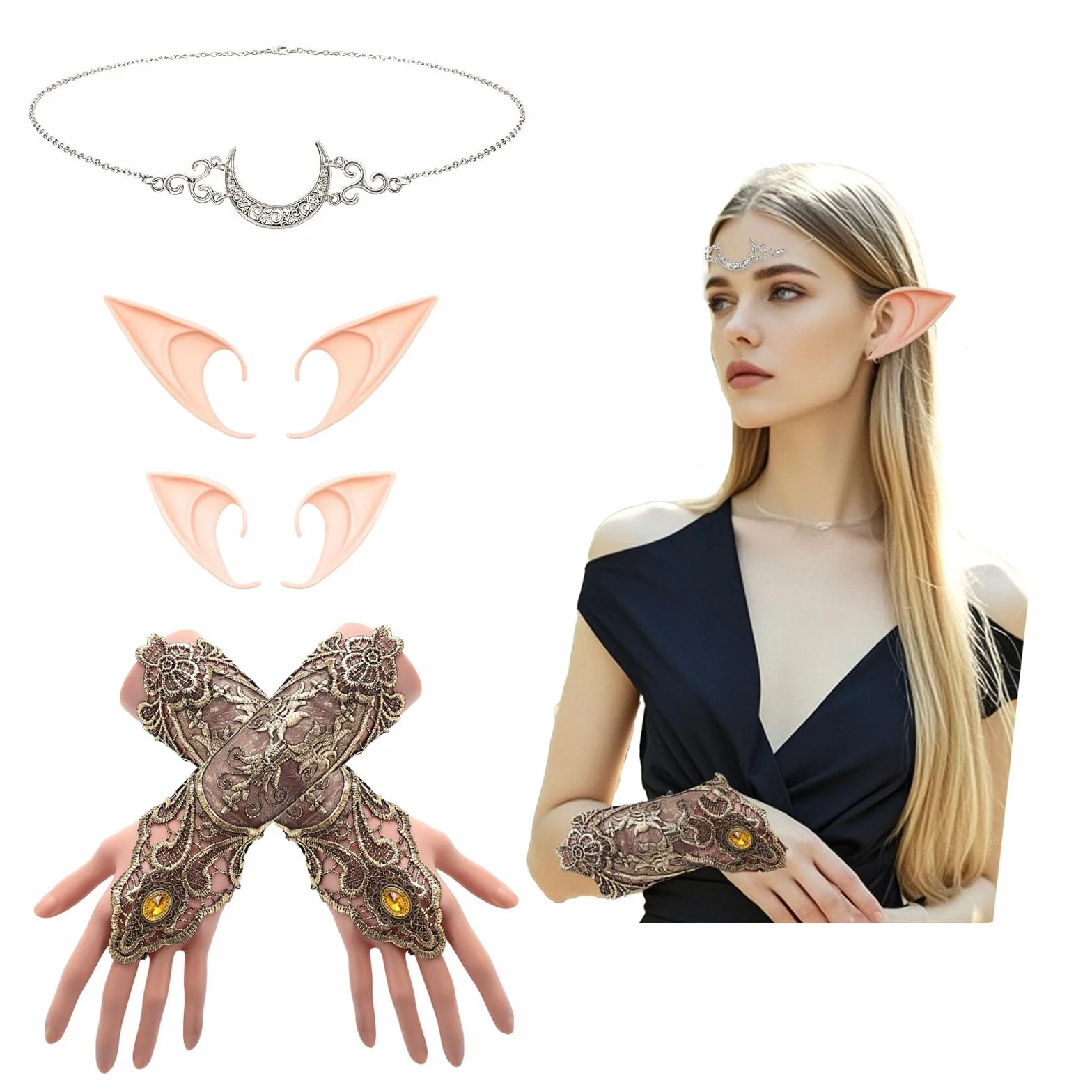 Zestaw elfi - diadema księżycowa, złote rękawiczki, vintage rękawiczki z koronką, uszy elfów, długie i krótkie uszy aniołków, do Cosplay, karnawału, Halloween