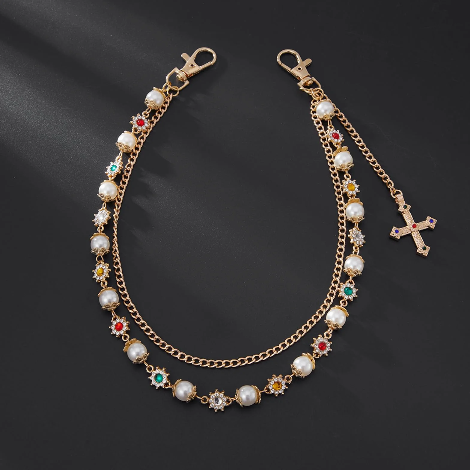 Wielowarstwowy łańcuszek do spodni z koralikami i wisiorkiem w kształcie krzyża, modny dla kobiet i mężczyzn, Punk Y2K Wallet Chain Gold do dżinsów, spodni, kieszeni, sznurka, torebki, portfela
