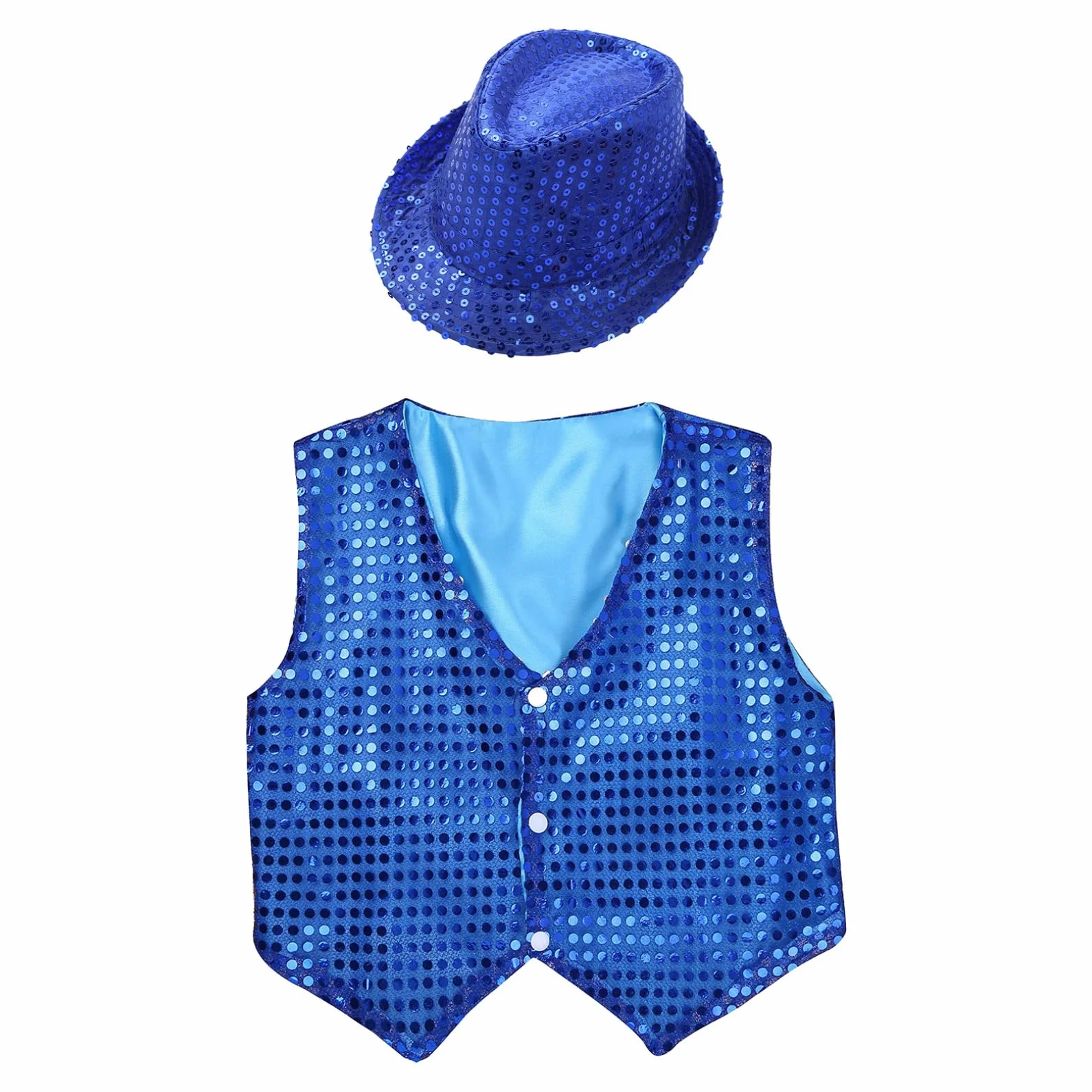JEATHA Dziecięca kamizelka z cekinami z kapeluszem, jazz, latynoska, bez rękawów, kurtka Crop Top Glitter Tanktop Vest Top, błyszcząca górna część odzieży do tańca