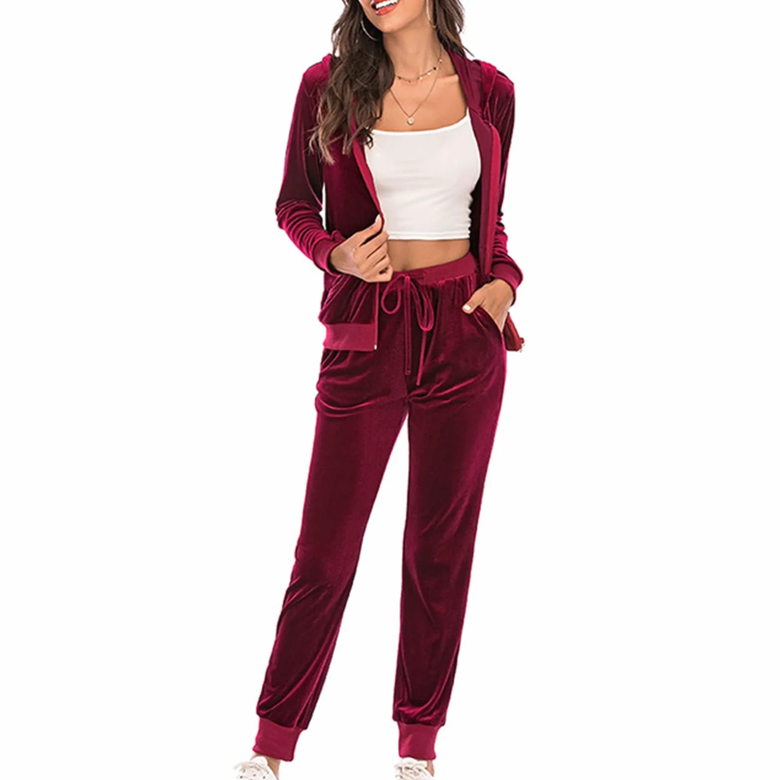 Generisch Damski dres do joggingu, 2-częściowy, złoty aksamit, zestaw do joggingu, sportowy dres fitness, dwuczęściowy strój rekreacyjny, jednokolorowy, elegancki dres sportowy z długim rękawem