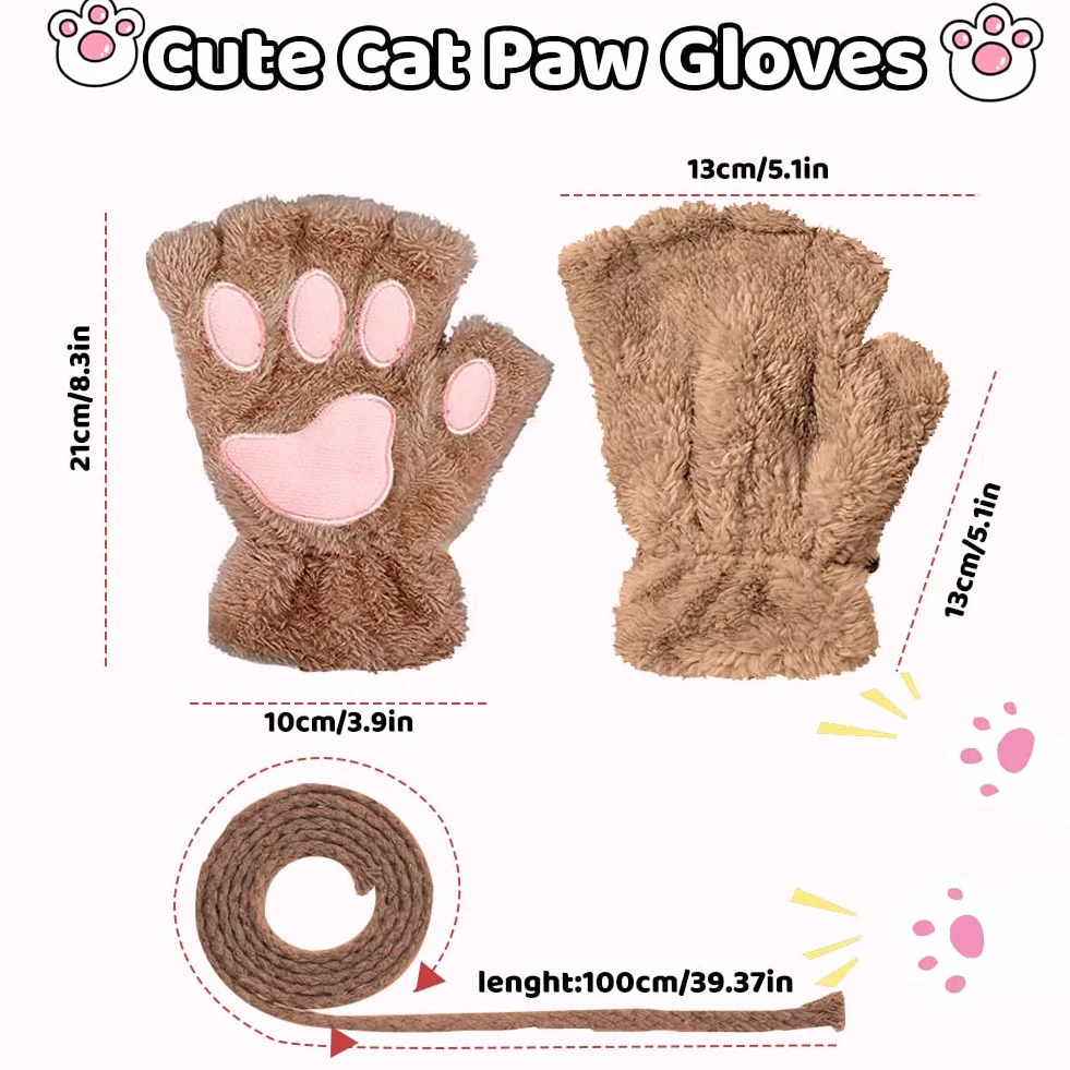 EQLEF Rękawiczki z kocią łapą, pluszowe rękawiczki bez palców, urocze rękawiczki z półpalcami, ciepłe zimowe rękawiczki, kot, cosplay, rękawiczki dla kobiet, kobiet i nastolatek, Brązowy, 18 x 13 x 3