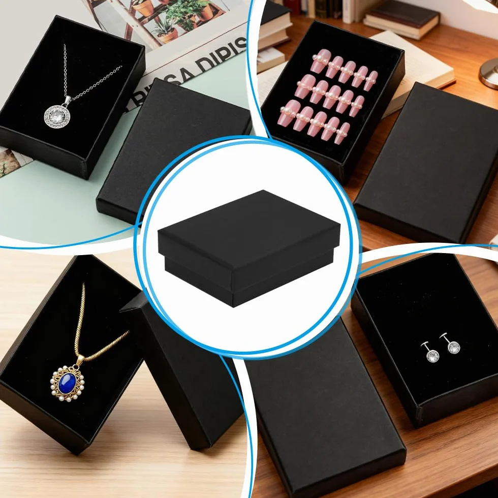 9 sztuk szkatułek na biżuterię z czarnego kartonu, 9 x 7 x 3 cm, pudełko prezentowe, czarne opakowanie na biżuterię na urodziny, wesele (9)
