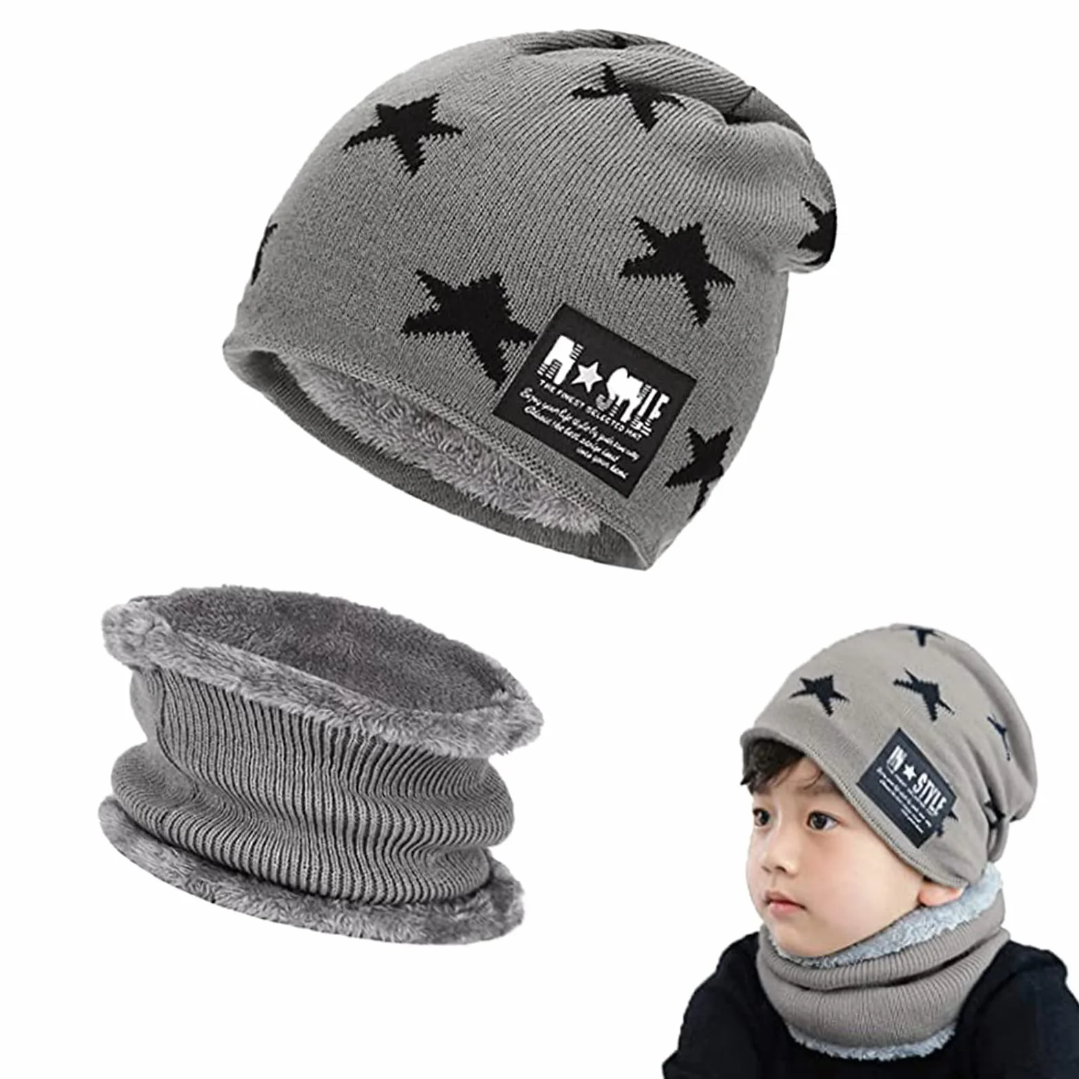 Wintermütze Wintermütze für Kinder, Winter Beanie MützeDicker, Weicher, Double Schichtiger Plüschfutterhut und Halswärmer für,Wintermütze und Schal-Set für Jungen Mädchen od 6 do 15 lat