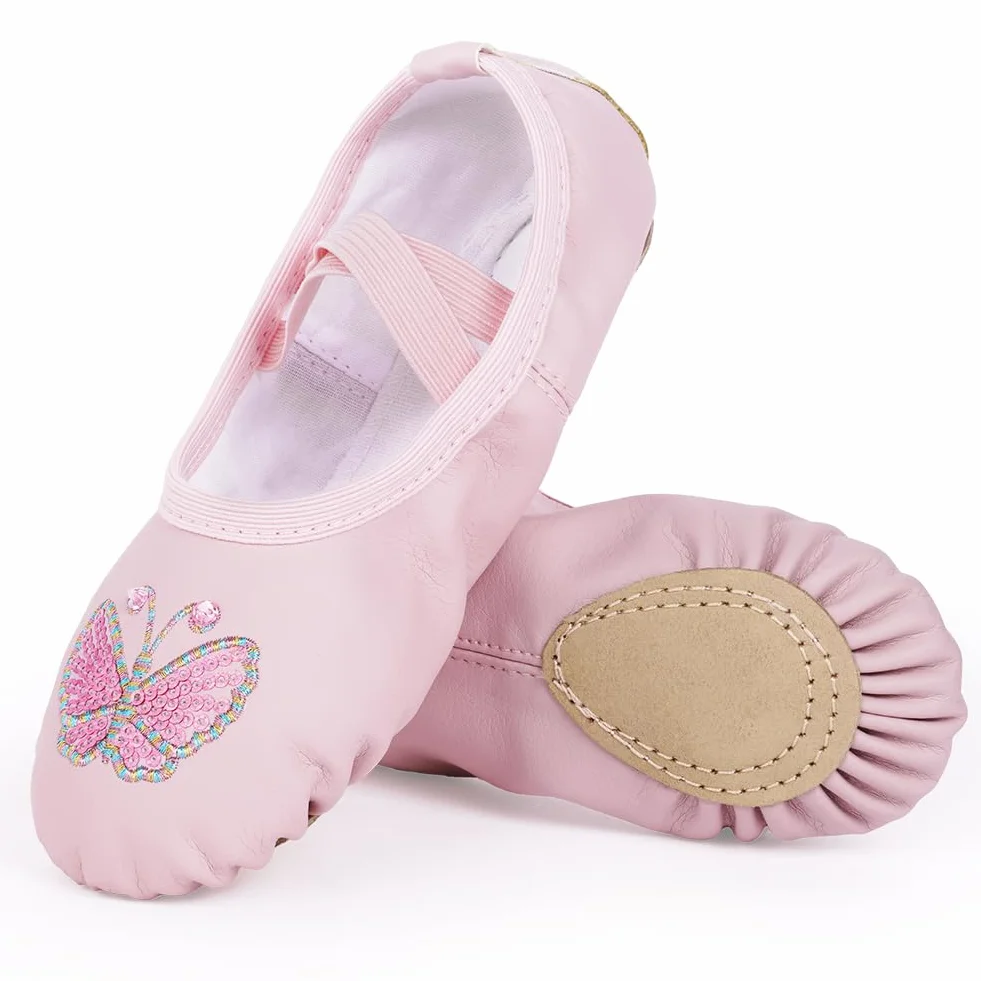 Buty baletowe dla dziewczynek – lekkie buty baletowe ze skórzaną podeszwą, różowe motyle dla dzieci z elastycznymi, skrzyżowanymi paskami, odpowiednie do jogi, baletu, tańca, gimnastyki