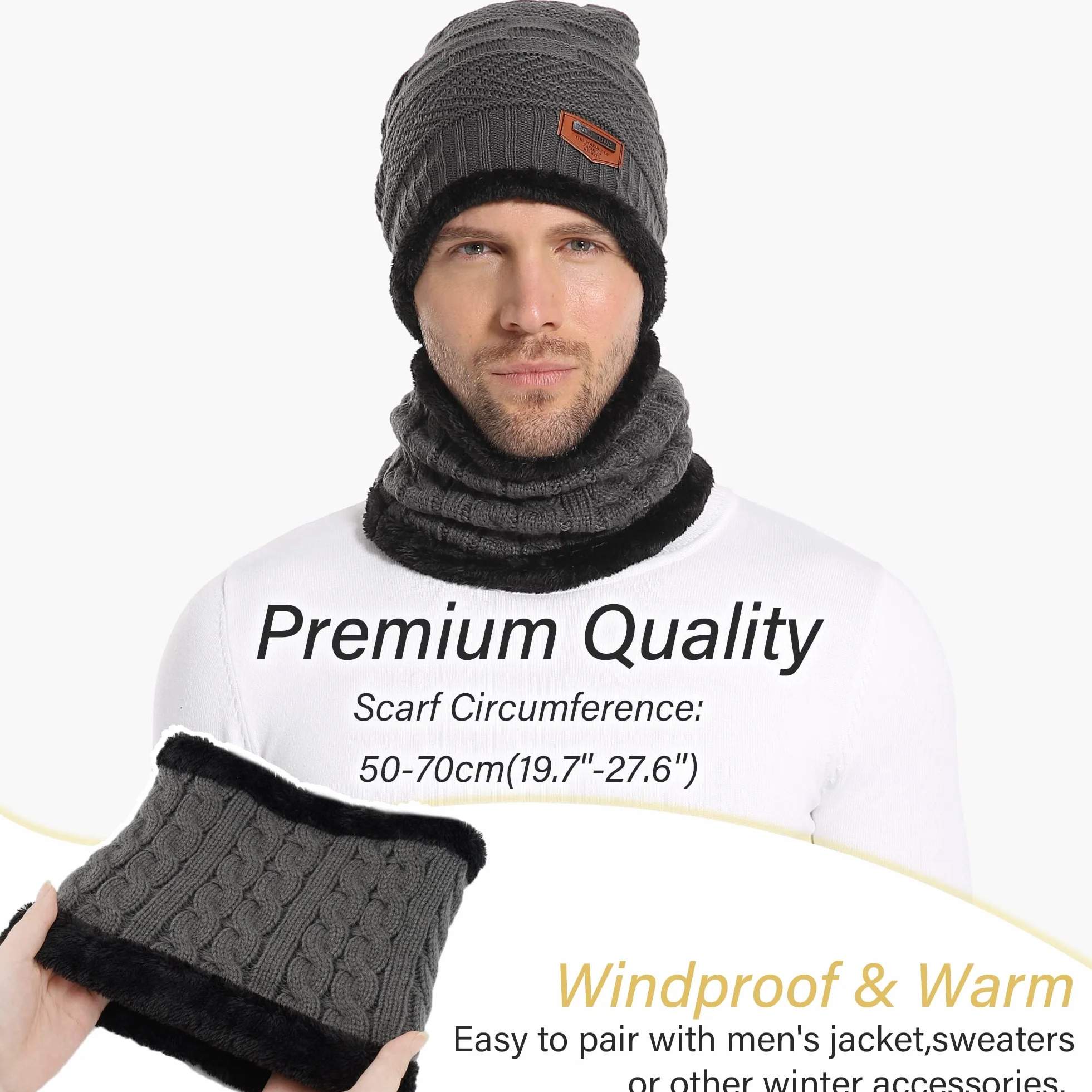 Bequemer Laden 2 sztuki zimowa czapka beanie, zestaw szalików, wełna, ciepła dzianinowa czapka, gruba podszewka z polaru, czapka zimowa i szalik dla mężczyzn i kobiet