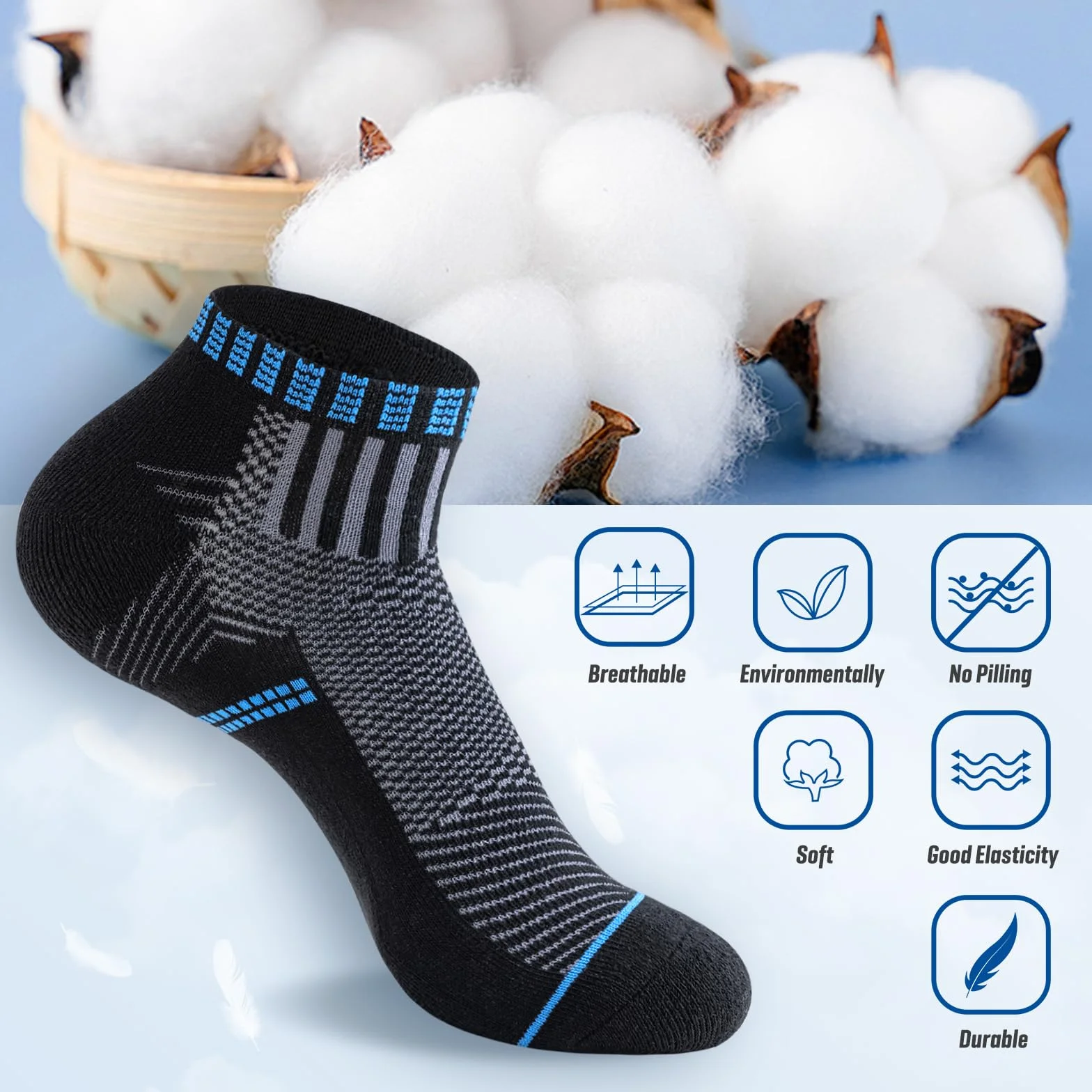 SockWaddles Skarpetki Treningowe, Antywysięgnikowe Skarpetki z Bawełną, Oddychające Skarpetki do Biegania, Męskie Skarpetki Antypoślizgowe z Amortyzacją, Krótkie Sportowe Skarpetki (6 par)