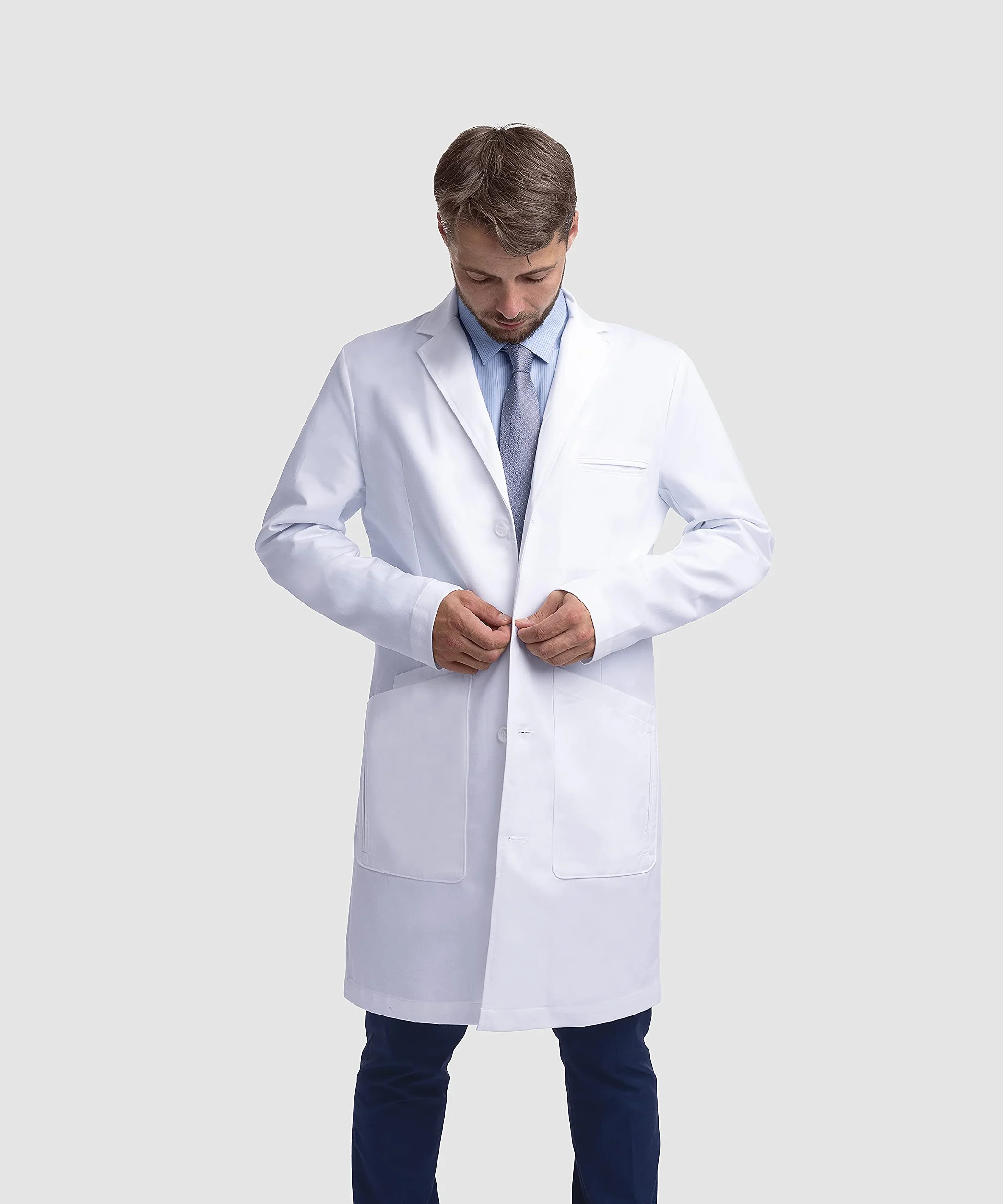 Dr. James profesjonalny fartuch laboratoryjny dla mężczyzn, częściowo dopasowany krój, wiele kieszeni, biały (XXL)