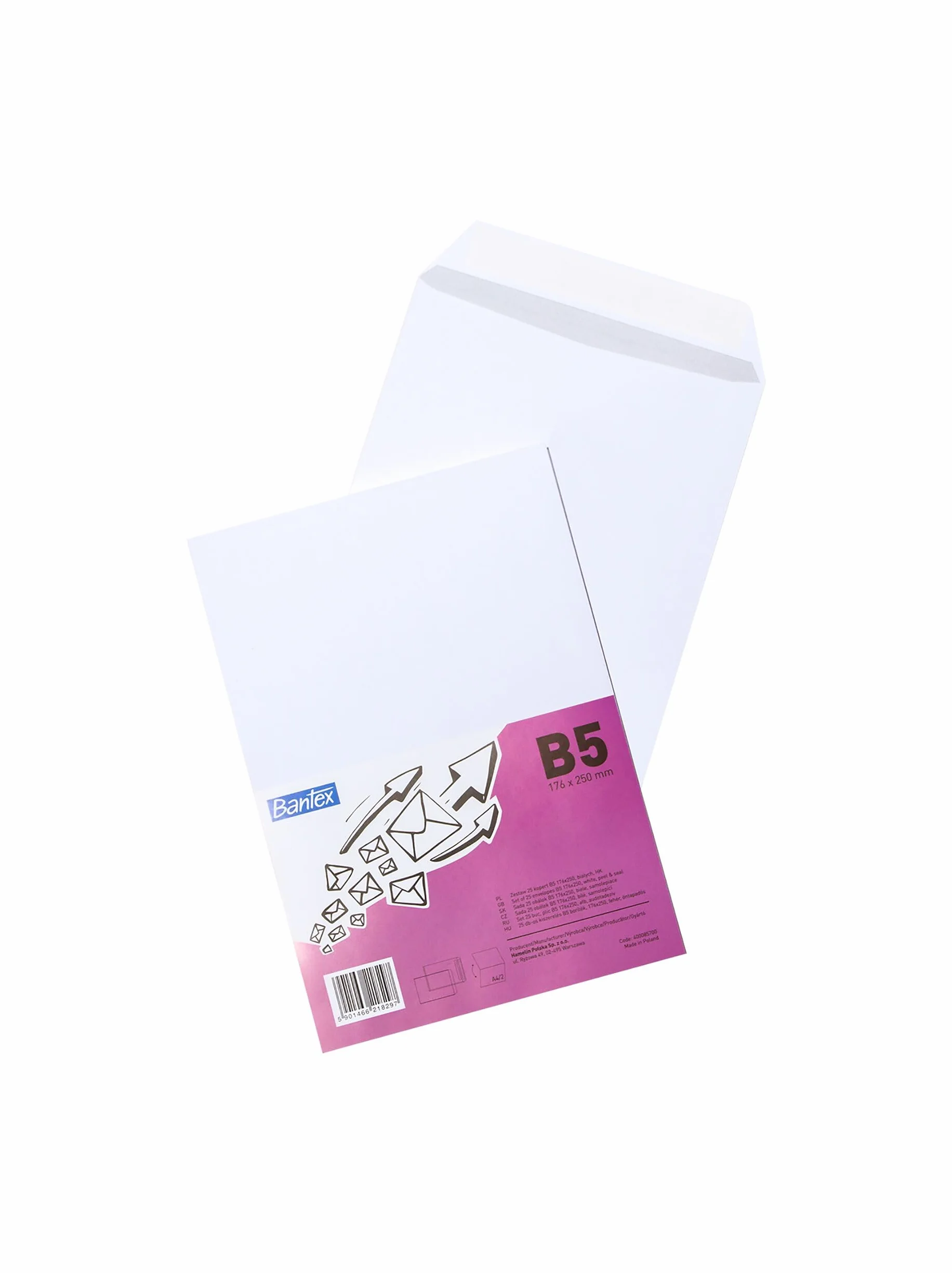 Bantex Koperty DIN B5 (25 x 17,6 cm) / koperty z paskiem do odrywania, 25 sztuk w opakowaniu foliowym (białe)