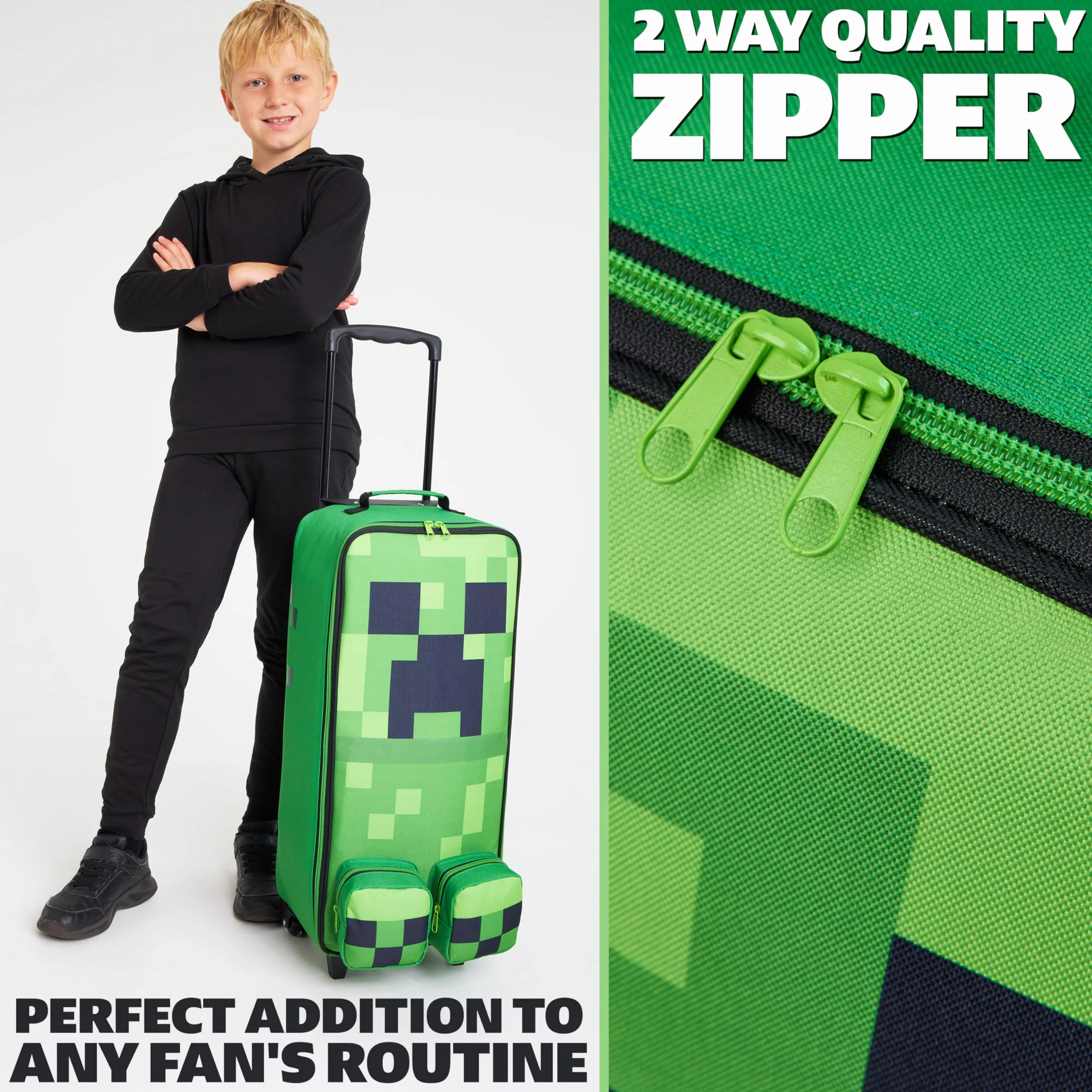 Minecraft Składana torba na kółkach dla dzieci, 63,5 cm, 17 l, bagaż z kółkami, Creeper, niezbędnik podróżny dla graczy, prezenty dla dzieci