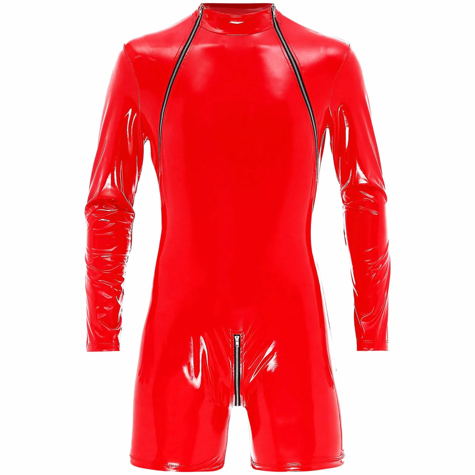 Męskie body Wetlook jednoczęściowe body kombinezon z zamkiem błyskawicznym Metallic Catsuit koszulka z długim rękawem Leotard Tops GOGO Clubwear