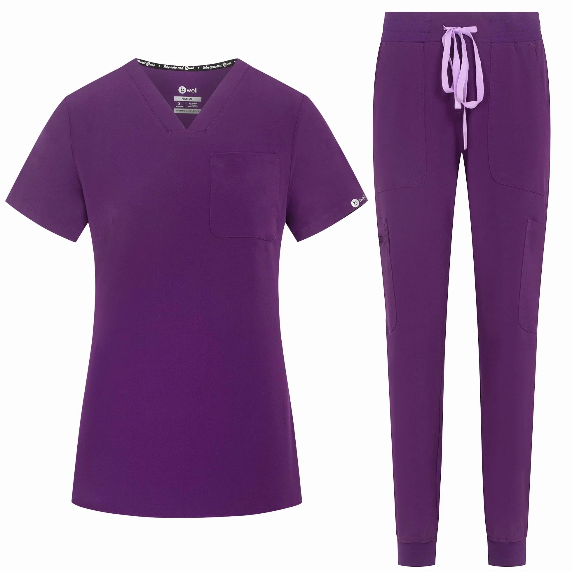 B-well Naomi Damen-Schrubb-Set Schlupfkasack + Schlupfhose Set Medizin Arzt Uniform Schlupfjacke Oberteil mit Hose Medizinische Berufsbekleidung mit Elastan (Aubergine, XL)