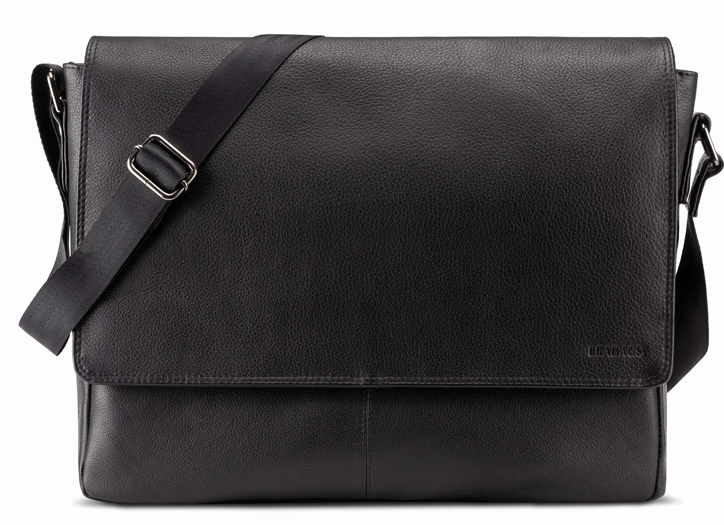 LEABAGS skórzana torba na ramię i laptop 15 cali, kurierska torba z prawdziwej skóry bawolej w stylu vintage 30x11x39 cm Czerń Onyksu