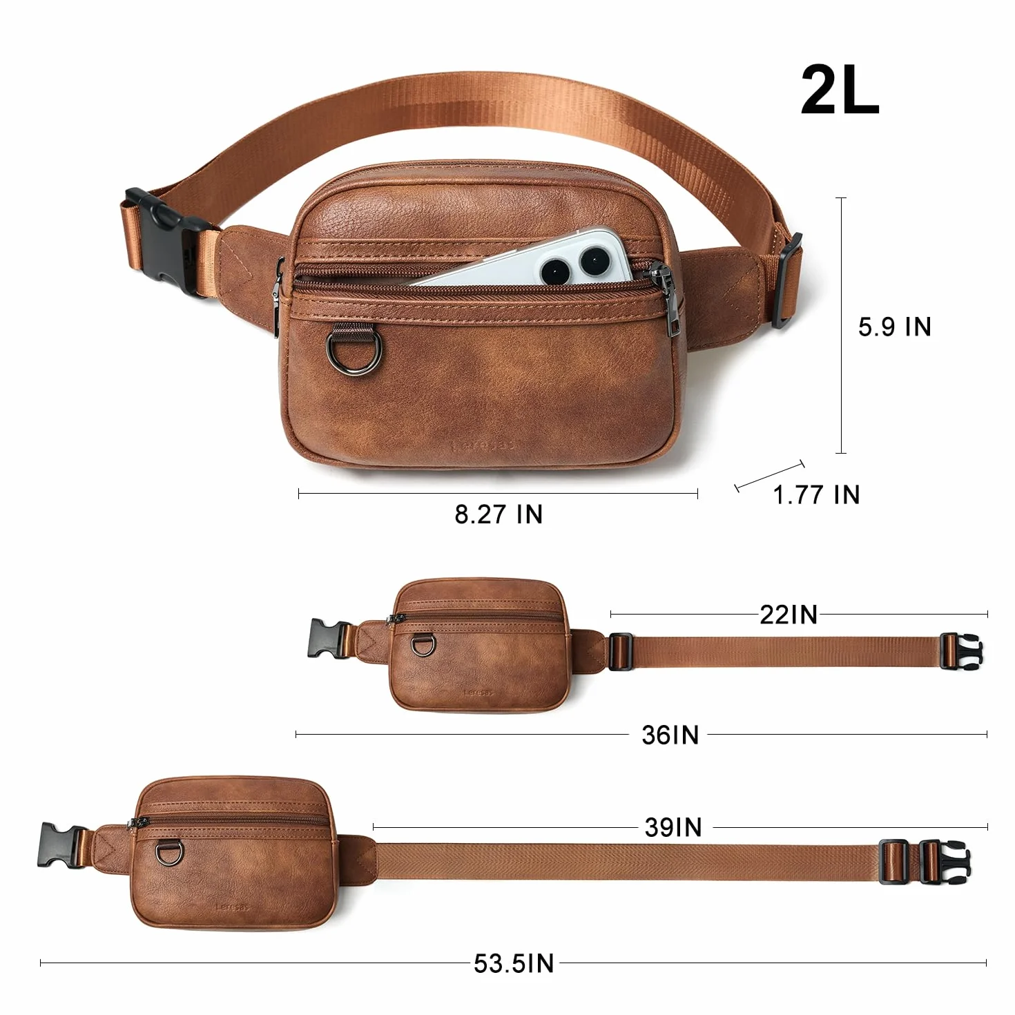 Leresas 2 l saszetki dla kobiet, torba na pasek, sztuczna skóra, nerka, saszetka, torba na ramię, podróż, wędrówki, bieganie, Brązowy, 8 inches, Modna saszetka