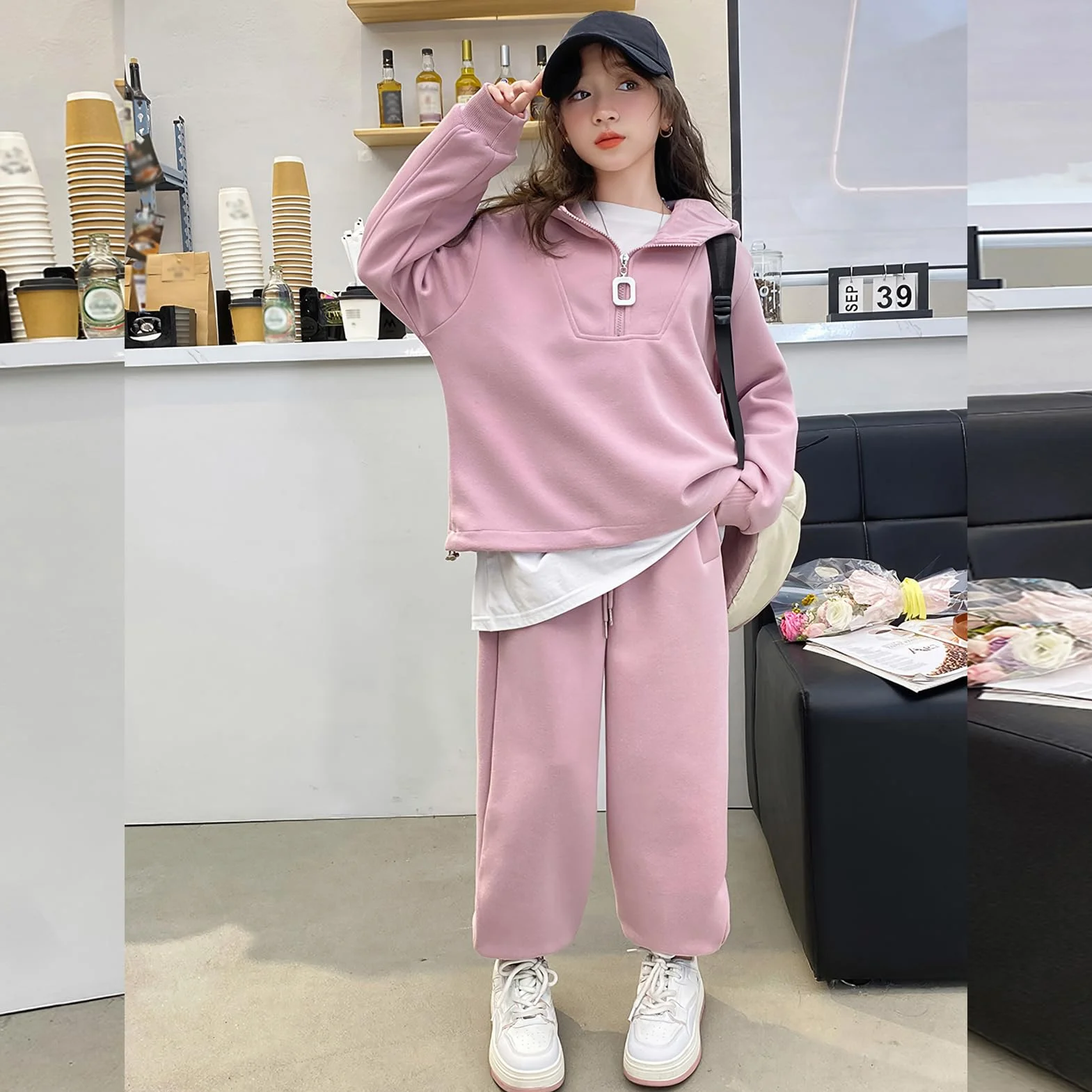 Dziewczęcy dres sportowy z kapturem, luźny dres treningowy, zestaw 2 szt., bawełniany dres do biegania, dla dzieci, luźna odzież sportowa na wiosnę i jesień