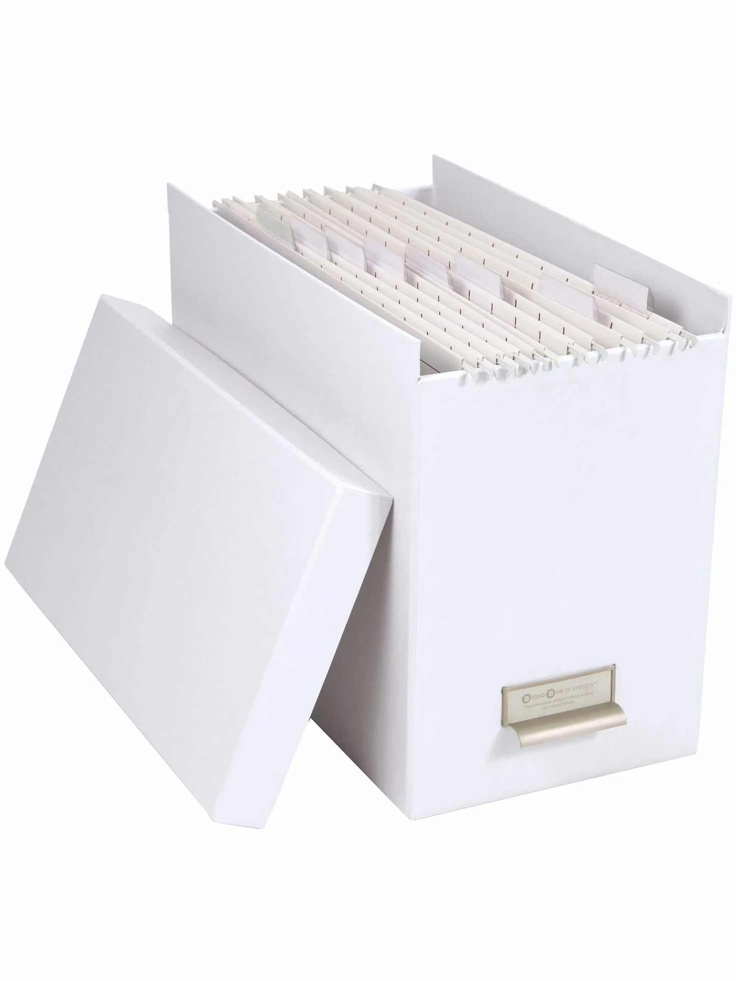 Bigso Box of Sweden JOHAN wiszące pudełko na teczki z pokrywką – stylowe pudełko archiwalne z 8 skoroszytami – pudełko na teczki wiszące z płyty pilśniowej i papieru, kolor biały