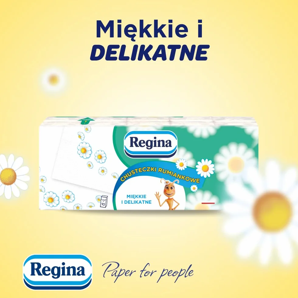 Regina Chusteczki Rumiankowe, 24 Opakowania po 10 Paczek, 4-Warstwowe, Miękkie i Delikatne, o Zapachu Rumianku, z Nadrukiem, Czysta Celuloza, Certyfikat FSC, Atest NIZP-PZH