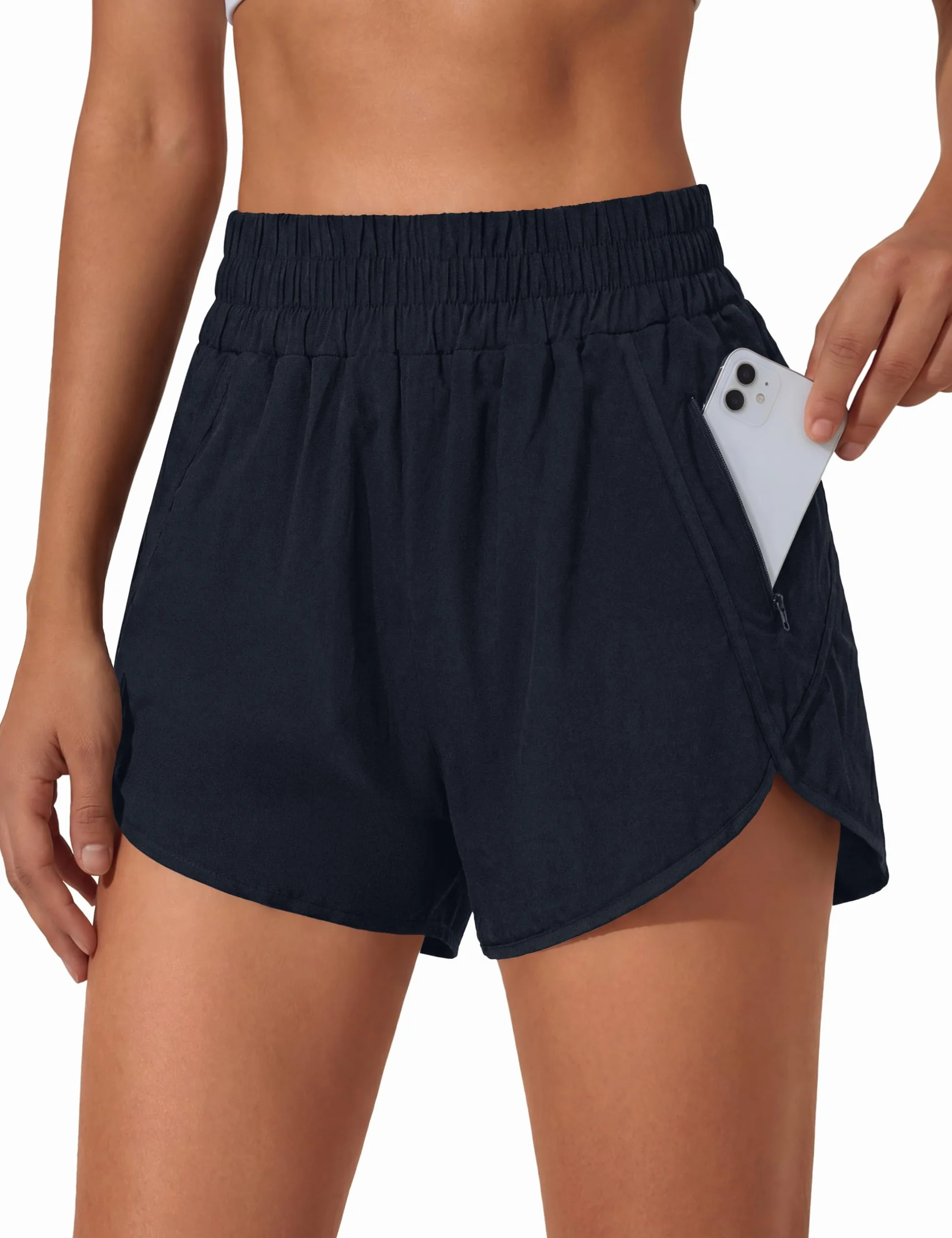 BMJL Women's Running Shorts Elastic High Waisted with Pockets, Sporty Workout Quick Dry Athletic Shorts(M,DarkBlue)