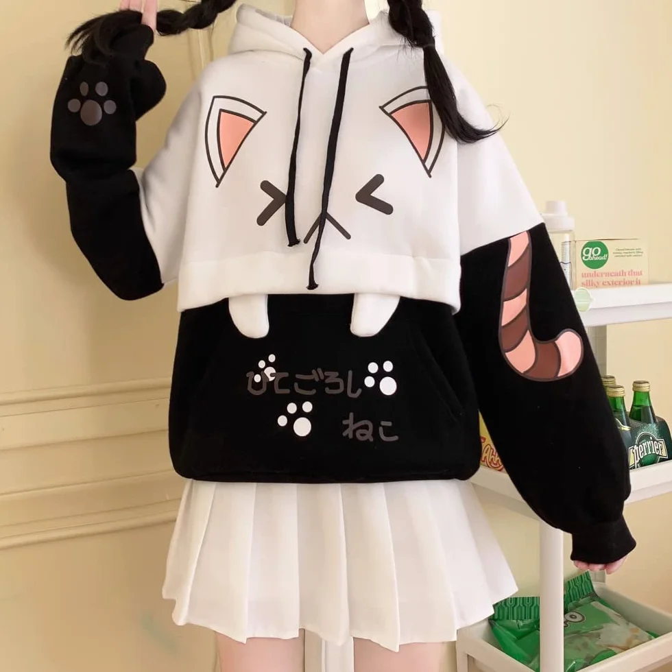 Himifashion Urocza bluza z kapturem dla nastolatek kawaii kot nadruk pulower topy z kapturem plus aksamitna bluza luźne ciepłe bluzy z kapturem